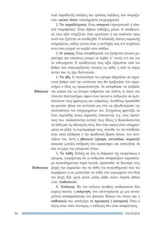 ΕΙΣΑΓΩΓΗ20
Ηθοποιία
Παθοποιία
νικά παραδεκτές απόψεις και τρόπους σκέψεως που ονομάζο-
νται «κοινοί τόποι» (κοινόχρηστα επιχειρήματα).
2. Τα παραδείγματα. Είναι ιστορικά (πραγματικά) ή πλα-
στά (παραβολές). Είναι βέβαια ενδείξεις μόνον. Η αποδεικτι-
κή τους αξία στηρίζεται στην ομοιότητα ή την αναλογία προς
αυτό που ζητείται να αποδειχθεί. Ο απλοϊκός πάντως ακροατής
επηρεάζεται, καθώς γενική είναι η αντίληψη πως ό,τι συμβαίνει
στον έναν μπορεί να συμβεί στον καθένα.
3. Οι γνώμες. Είναι αποφθέγματα για ζητήματα γενικού χα-
ρακτήρα και επομένως μπορεί να λεχθεί γι’ αυτές ό,τι και για
τα ενθυμήματα. Η αποδεικτική τους αξία εξαρτάται από τον
βαθμό που αναγνωρίζονται γενικώς ως ορθές ή από το κύρος
αυτού που τις έχει διατυπώσει.
4. Τα ήθη. Η πειστικότητα του ρήτορα εξαρτάται σε σημα-
ντικό βαθμό από την εντύπωση που θα προξενήσει στο ακρο-
ατήριο ο ίδιος ως προσωπικότητα. Αν κατορθώσει να επιβάλει
την εικόνα του ως έντιμου ανθρώπου και πολίτη, οι λόγοι του
γίνονται πειστικότεροι, αφού είναι λογικό οι άνθρωποι να εμπι-
στεύονται τους φρόνιμους και ενάρετους. Αντιθέτως προσπαθεί
να μειώσει ηθικά τον αντίπαλο και έτσι να εξουδετερώσει την
πειστικότητα των επιχειρημάτων του. Συγχρόνως φροντίζει να
γίνει συμπαθής στους ακροατές επαινώντας π.χ. τους προγό-
νους των, κολακεύοντας αυτούς τους ίδιους ή δικαιολογώντας
τα λάθη και τις αδυναμίες τους. Και όταν ακόμη είναι υποχρεω-
μένος να ψέξει τη συμπεριφορά τους, σπεύδει να την αποδώσει
στην κακή επίδραση ή την προδοτική δράση άλλων, των αντι-
πάλων του. Αυτή η ηθοποιία (ρήτορα, αντιπάλου, ακροατή)
ασκούσε μεγάλη επίδραση στο ακροατήριο και απαντάται σε
όλα τα μέρη του ρητορικού λόγου.
5. Τα πάθη. Επίσης σε όλη τη διάρκεια της αγορεύσεως ο
ρήτορας, γνωρίζοντας ότι οι άνθρωποι αποφασίζουν περισσότε-
ρο συναισθηματικά παρά λογικά, προσπαθεί να διεγείρει στις
ψυχές των ακροατών του τα πάθη (τα συναισθήματα) που τον
συμφέρουν ή να μεταγγίσει τα πάθη που κυριαρχούν στη δική
του ψυχή, δηλ. οργή, φιλία, μίσος, φόβο, οίκτο, ντροπή, φθόνο
κ.λπ. (παθοποιία).
δ′. Επίλογος. Με τον επίλογο συνήθως επιδιώκονται δύο
κυρίως σκοποί, η ανάμνηση, που επιτυγχάνεται με μια συντο-
μότατη ανακεφαλαίωση των βασικών θέσεων του λόγου και η
παθοποιία που καταλήγει σε προτροπή ή αποτροπή. Όταν ο
λόγος είναι πολύ σύντομος, ο επίλογος δεν είναι απαραίτητος.
22-0159_RHTORIKA KEIMENA.indb 20 3/5/14 5:12 PM
 