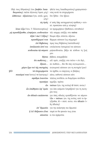 ΔΗΜΟΣΘΕΝΟΥΣ ΥΠΕΡ ΜΕΓΑΛΟΠΟΛΙΤΩΝ234
ηθείτε τους Λακεδαιμονίους) χρησιμοποιώ-
ντας αυτά τα επιχειρήματα
ὅτε ἦλθον - ὅτε ἠξίουν
σ' εσάς (ὡς: καταχρηστική πρόθεση + αιτι-
ατ. προσώπου από ρ. κίνησης)
να προχωρήσουν (βαδίσουν, επιτεθούν)
τελ. απρμφ. επεξήγ. στο ταῦτα
θεωρώ άξιο, απαιτώ, αξιώνω
δέχομαι κάποιον (ως σύμμαχο)
προς τους Θηβαίους (κατεύθυνση)
υπολείπεται (απομένει) σε κάποιον
ριψοκινδυνεύω, βάζω σε κίνδυνο τη ζωή
μου
βέβαια, αναμφίβολα
ειδ. πρότ., επεξήγ. στο τοῦτο = ότι δηλ.,
αν σωθούν... δεν θα σας ευγνωμονούν...
ευγνωμονώ κάποιον για τη σωτηρία (μου)
τα σχέδια, οι ενέργειες, οι βλέψεις
κάνω, καθιστώ κάποιον κάτι
τελείως αντίθετο, εκ διαμέτρου αντίθετο
αρμόζει, πρέπει
τούτων (γεν. της αιτίας) ἅ (σύστ. αντικ.)
για όσα εκάματε (επράξατε) για τη σωτη-
ρία τους
για όσες αδικίες εμποδίζονται να κάμουν
(ὧν = τούτων: γεν. της αιτίας, από το ὀρ-
γίζεσθαι, ἅ = σύστ. αντικ. στο ἀδικεῖν (=
ἃς ἀδικίας)
για την ανάκτηση του Ωρωπού
παρά αν θα φανούν πως είναι
οι πιο αχάριστοι
(δηλ. τους Αθηναίους), (ενν. βοηθεῖν Λακε-
δαιμονίοις), ταῦτα λέγοντες (τροπ. μτχ.)
ἐλθόντων - ἀξιούντων (γεν. απόλ. χρον.
μτχ.)
ὡς ὑμᾶς
ἰέναι (εἶμι) (ενν. Υ: Πελοποννησίους)
μὴ προσδέξασθαι, εἰσφέρειν, κινδυνεύειν
ἀξιῶ (-όω) (ἄξιος)
προσδέχομαί τινα
ἐπὶ Θηβαίους
ὑπόλοιπόν ἐστί τινι
κινδυνεύω τῷ σώματι
δήπου
ὅτι σωθέντες...
ἕξουσι...
χάριν ἔχω τινὶ τῆς σωτηρίας
§13	 τὰ ἐπιχειρήματα
ποιοῦμαί τινα (αντικ.) τι (κατηγορ.)
σφόδρα ἐναντίον
προσήκει
ὧν
ὧν ἐσώθησαν ὑφ' ὑμῶν
ὧν ἀδικεῖν κωλύονται
ἐπ' Ὠρωπόν
ἤ (εἰ) δόξουσιν εἶναι
κάκιστοι
22-0159_RHTORIKA KEIMENA.indb 234 3/5/14 5:12 PM
 