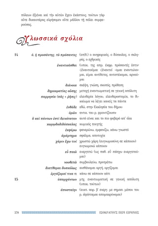 ΙΣΟΚΡΑΤΟΥΣ ΠΕΡΙ ΕΙΡΗΝΗΣ278
(επίθ.) ο ανηφορικός, ο δύσκολος, ο σκλη-
ρός, ο εχθρικός
(υποκ. της απρ. έκφρ. πρόσαντές ἐστιν·
ἐναντιοῦμαι ἐναντιό -ομαι εναντιώνο-
μαι, είμαι αντίθετος, αντιστέκομαι, αρνού-
μαι
σκέψη, γνώση, σκοπός, πρόθεση
μετοχή εναντιωματική σε γενική απόλυτη
ελευθερία λόγου, ελευθεροστομία, το δι-
καίωμα να λέγει κανείς τα πάντα
εδώ, στην Εκκλησία του δήμου
αντικ. του ρ. φροντίζουσιν
αυτό είναι και το πιο φοβερό απ' όλα
κωμικός ποιητής
φανερώνω, εμφανίζω, κάνω γνωστό
σφάλμα, αποτυχία
χρωστώ χάρη (ευγνωμοσύνη σε κάποιον)
ευγνωμονώ κάποιον
ευεργετώ (ως παθ. εὖ πάσχω ευεργετού-
μαι)
συμβουλεύω, προτρέπω
αισθάνομαι οργή, οργίζομαι
κάνω σε κάποιον κάτι
μτχ. εναντιωματική σε γενική απόλυτη
(υποκ. τούτων)
(ευκτ. αορ. βʹ ενεργ. με σημασ. μέσου του
ρ. ἀφίσταμαι απομακρύνομαι)
14	 ὁ, ἡ προσάντης, τὸ πρόσαντες
ἐναντιοῦσθαι
διάνοια
δημοκρατίας οὔσης
παρρησία (πᾶς + ῥῆσις)
ἐνθάδε
ὑμῶν
ὃ καὶ πάντων ἐστὶ δεινότατον
κωμῳδοδιδάσκαλος
ἐκφέρω
ἁμάρτημα
χάριν ἔχω τινί
εὖ ποιῶ
νουθετῶ
διατίθεμαι δυσκόλως
ἐργάζομαί τινα τι
15	ὑπαρχόντων
ἀποσταίην
πόλεων ἐξιέναι καὶ τὴν αὑτῶν ἔχειν ἑκάστους. τούτων γὰρ
οὔτε δικαιοτέρας εὑρήσομεν οὔτε μᾶλλον τῇ πόλει συμφε-
ρούσας.
γλωσσικά σχόλια
22-0159_RHTORIKA KEIMENA.indb 278 3/5/14 5:12 PM
 