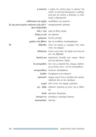 ΙΣΟΚΡΑΤΟΥΣ ΠΕΡΙ ΕΙΡΗΝΗΣ302
η σχέση του πολίτη προς το κράτος (τὴν
πόλιν), τα πολιτικά δικαιώματα, η καθημε-
ρινή ζωή του πολίτη, η διοίκηση, το πολί-
τευμα, η δημοκρατία
εγκαθιδρύω την ηγεμονία
αναφορικοϋποθ. πρόταση
είμαι σε θέση, μπορώ
και μάλιστα
(αιτιολ. μετοχή)
έχω τις συνήθειες, συμπεριφέρομαι
υποκ. του απροσ. ρ. συμφέρει (τὴν πόλιν
υποκ. του απρμφ.)
(εναντ. μτχ.) υποκ. τὴν ἀρχὴν που είναι και
αντ. του δέξασθαι
προσωπική σύνταξη αντί απροσ. (δοκεῖ
μοι) μου φαίνεται, νομίζω
(αντ. του ρ. δοκεῖτε) δυν. απρμφ. ισοδύνα-
μο με δυνητ. ευκτ. = ὅτι ἂν καταμάθοιτε
κατανοώ, καταλαβαίνω
(αναφέρεται στα επόμενα)
απρμφ. αορ. βʹ του ρ. προλέγω λέω προκα-
ταβολικά, λέω εκ των προτέρων
σύστ. αντικ. του απρμφ. προειπεῖν
ενδοιαστ. πρόταση ως αντικ. του ρ. δέδοι-
κα
φαίνομαι, θεωρούμαι
κατακρίνω, κατηγορώ κάποιον
προτιμώ
ἡ πολιτεία
καθίσταμαι τὴν ἀρχήν
ἣν γὰρ μετὰ μυρίων ταλάντων οὐχ οἷοί τ'
ἦμεν διαφυλάξαι
οἷός τ' εἰμί
ἄλλως τε καί
χρώμενοι
χρῶμαι τοῖς ἤθεσιν
70	δέξασθαι
διδομένην
δοκεῖτέ μοι
ἂν καταμαθεῖν
καταμανθάνω
ἐκεῖθεν
προειπεῖν
μικρά
μή... δόξω
δοκῶ
ἐπιτιμῶ τινι
προαιροῦμαι
22-0159_RHTORIKA KEIMENA.indb 302 3/5/14 5:12 PM
 