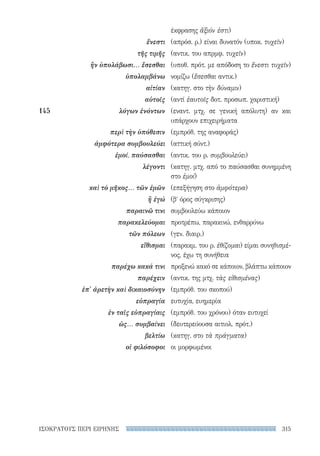 315ΙΣΟΚΡΑΤΟΥΣ ΠΕΡΙ ΕΙΡΗΝΗΣ
έκφρασης ἄξιόν ἐστι)
(απρόσ. ρ.) είναι δυνατόν (υποκ. τυχεῖν)
(αντικ. του απρμφ. τυχεῖν)
(υποθ. πρότ. με απόδοση το ἔνεστι τυχεῖν)
νομίζω (ἔσεσθαι αντικ.)
(κατηγ. στο τὴν δύναμιν)
(αντί ἑαυτοῖς δοτ. προσωπ. χαριστική)
(εναντ. μτχ. σε γενική απόλυτη) αν και
υπάρχουν επιχειρήματα
(εμπρόθ. της αναφοράς)
(αττική σύντ.)
(αντικ. του ρ. συμβουλεύει)
(κατηγ. μτχ. από το παύσασθαι συνημμένη
στο ἐμοί)
(επεξήγηση στο ἀμφότερα)
(βʹ όρος σύγκρισης)
συμβουλεύω κάποιον
προτρέπω, παρακινώ, ενθαρρύνω
(γεν. διαιρ.)
(παρακμ. του ρ. ἐθίζομαι) είμαι συνηθισμέ-
νος, έχω τη συνήθεια
προξενώ κακό σε κάποιον, βλάπτω κάποιον
(αντικ. της μτχ. τὰς εἰθισμένας)
(εμπρόθ. του σκοπού)
ευτυχία, ευημερία
(εμπρόθ. του χρόνου) όταν ευτυχεί
(δευτερεύουσα αιτιολ. πρότ.)
(κατηγ. στο τὰ πράγματα)
οι μορφωμένοι
ἔνεστι
τῆς τιμῆς
ἢν ὑπολάβωσι... ἔσεσθαι
ὑπολαμβάνω
αἰτίαν
αὑτοῖς
145	 λόγων ἐνόντων
περὶ τὴν ὑπόθεσιν
ἀμφότερα συμβουλεύει
ἐμοί, παύσασθαι
λέγοντι
καὶ τὸ μῆκος... τῶν ἐμῶν
ἢ ἐγώ
παραινῶ τινι
παρακελεύομαι
τῶν πόλεων
εἴθισμαι
παρέχω κακά τινι
παρέχειν
ἐπ' ἀρετὴν καὶ δικαιοσύνην
εὐπραγία
ἐν ταῖς εὐπραγίαις
ὡς... συμβαίνει
βελτίω
οἱ φιλόσοφοι
22-0159_RHTORIKA KEIMENA.indb 315 3/5/14 5:12 PM
 