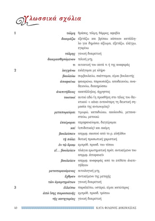 ΚΑΤΑ ΦΙΛΩΝΟΣ ΔΟΚΙΜΑΣΙΑΣ40
θράσος, τόλμη, θάρρος, αφοβία
εξετάζω και βρίσκω κάποιον κατάλλη-
λο για δημόσιο αξίωμα, εξετάζω, ελέγχω,
εγκρίνω
γενική διαιρετική
τελική μτχ.
αιτιατική του κατά τι ή της αναφοράς
εκλέγομαι με κλήρο
συμβουλεύω, σκέπτομαι, είμαι βουλευτής
φανερώνω, παρουσιάζω, αποδεικνύω, ανα-
δεικνύω, διακηρύσσω
ακατάλληλος, άχρηστος
αυτού εδώ (η προσθήκη στο τέλος του δει-
κτικού -ι κάνει εντονότερη τη δεικτική ση-
μασία της αντωνυμίας)
τιμωρώ, καταδιώκω, ακολουθώ, μετανα-
στεύω, μετοικώ
περηφανεύομαι, διεγείρομαι
(επιδοτικός) και ακόμη
απρμφ. σκοπού από το ρ. εἰσῆλθον
δοτική προσωπική χαριστική
εμπρόθ. προσδ. του τόπου
πλάγια ερωτηματική πρότ. αντικείμενο του
απρμφ. ἀποφανεῖν
απρμφ. αναφοράς από το επίθετο ἀνεπι-
τήδειον
αιτιολογική μτχ.
αντικείμενο της μετοχής
γενική διαιρετική
παραλείπω, υστερώ, είμαι κατώτερος
εμπρόθ. προσδ. τρόπου
γενική διαιρετική
1	τόλμη
δοκιμάζω
τόλμης
δοκιμασθησόμενον
τι
2	λαγχάνω
βουλεύω
ἀποφαίνω
ἀνεπιτήδειος
τουτουί
μεταπορεύμαι
ἐπαίρομαι
καί
βουλεύσειν
τῇ πόλει
ἐν τῷ ὅρκῳ
εἴ... βουλεύειν
βουλεύειν
μεταπορευόμενος
ἔχθραν
τῶν ἁμαρτημάτων
3	ἐλλείπω
ἀπὸ ἴσης παρασκευῆς
τῆς κατηγορίας
γλωσσικά σχόλια
22-0159_RHTORIKA KEIMENA.indb 40 3/5/14 5:12 PM
 