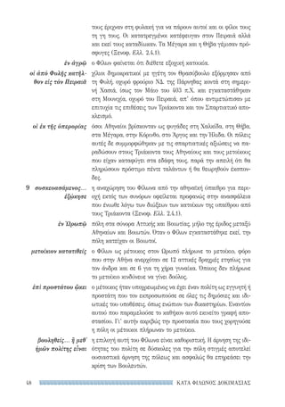 ΚΑΤΑ ΦΙΛΩΝΟΣ ΔΟΚΙΜΑΣΙΑΣ48
τους έριχναν στη φυλακή για να πάρουν αυτοί και οι φίλοι τους
τη γη τους. Οι κατατρεγμένοι κατέφευγαν στον Πειραιά αλλά
και εκεί τους καταδίωκαν. Τα Μέγαρα και η Θήβα γέμισαν πρό-
σφυγες (Ξενοφ. Ελλ. 2.4.1).
ο Φίλων φαίνεται ότι διέθετε εξοχική κατοικία.
χίλιοι δημοκρατικοί με ηγέτη τον Θρασύβουλο εξόρμησαν από
τη Φυλή, οχυρό φρούριο ΝΔ. της Πάρνηθας κοντά στη σημερι-
νή Χασιά, ίσως τον Μάιο του 403 π.Χ. και εγκαταστάθηκαν
στη Μουνιχία, οχυρό του Πειραιά, απ’ όπου αντιμετώπισαν με
επιτυχία τις επιθέσεις των Τριάκοντα και τον Σπαρτιατικό απο-
κλεισμό.
όσοι Αθηναίοι βρίσκονταν ως φυγάδες στη Χαλκίδα, στη Θήβα,
στα Μέγαρα, στην Κόρινθο, στο Άργος και την Ήλιδα. Οι πόλεις
αυτές δε συμμορφώθηκαν με τις σπαρτιατικές αξιώσεις να πα-
ραδώσουν στους Τριάκοντα τους Αθηναίους και τους μετοίκους
που είχαν καταφύγει στα εδάφη τους, παρά την απειλή ότι θα
πληρώσουν πρόστιμο πέντε ταλάντων ή θα θεωρηθούν έκσπον-
δες.
η αναχώρηση του Φίλωνα από την αθηναϊκή ύπαιθρο για περι-
οχή εκτός των συνόρων οφείλεται προφανώς στην ανασφάλεια
που ένιωθε λόγω των διώξεων των κατοίκων της υπαίθρου από
τους Τριάκοντα (Ξενοφ. Ελλ. 2.4.1).
πόλη στα σύνορα Αττικής και Βοιωτίας, μήλο της έριδος μεταξύ
Αθηναίων και Βοιωτών. Όταν ο Φίλων εγκαταστάθηκε εκεί, την
πόλη κατείχαν οι Βοιωτοί.
ο Φίλων ως μέτοικος στον Ωρωπό πλήρωνε το μετοίκιο, φόρο
που στην Αθήνα ανερχόταν σε 12 αττικές δραχμές ετησίως για
τον άνδρα και σε 6 για τη χήρα γυναίκα. Όποιος δεν πλήρωνε
το μετοίκιο κινδύνευε να γίνει δούλος.
ο μέτοικος ήταν υποχρεωμένος να έχει έναν πολίτη ως εγγυητή ή
προστάτη που τον εκπροσωπούσε σε όλες τις δημόσιες και ιδι-
ωτικές του υποθέσεις, όπως ενώπιον των δικαστηρίων. Εναντίον
αυτού που παραμελούσε το καθήκον αυτό εκινείτο γραφή απο-
στασίου. Γι’ αυτήν ακριβώς την προστασία που τους χορηγούσε
η πόλη οι μέτοικοι πλήρωναν το μετοίκιο.
η επιλογή αυτή του Φίλωνα είναι καθοριστική. Η άρνηση της ιδι-
ότητας του πολίτη σε δύσκολες για την πόλη στιγμές αποτελεί
ουσιαστικά άρνηση της πόλεως και ασφαλώς θα επηρεάσει την
κρίση των Βουλευτών.
ἐν ἀγρῷ
οἱ ἀπὸ Φυλῆς κατῆλ-
θον εἰς τὸν Πειραιᾶ
οἱ ἐκ τῆς ὑπερορίας
9	συσκευασάμενος...
ἐξῴκησε
ἐν Ὠρωπῷ
μετοίκιον κατατιθείς
ἐπὶ προστάτου ᾤκει
βουληθείς... ἢ μεθ᾽
ἡμῶν πολίτης εἶναι
22-0159_RHTORIKA KEIMENA.indb 48 3/5/14 5:12 PM
 