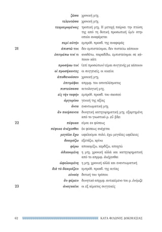 ΚΑΤΑ ΦΙΛΩΝΟΣ ΔΟΚΙΜΑΣΙΑΣ62
χρονική μτχ.
χρονική μτχ.
τροπική μτχ. Η μετοχή παίρνει την πτώση
της από τη δοτική προσωπική ὑμῖν στην
οποία αναφέρεται
εμπρόθ. προσδ. της αναφοράς
δεν εμπιστεύομαι, δεν πιστεύω κάποιον
αναθέτω, παραδίδω, εμπιστεύομαι σε κά-
ποιον κάτι
(επί προσώπων) είμαι συγγενής με κάποιον
οι συγγενείς, οι οικείοι
χρονική μτχ.
απρμφ. του αποτελέσματος
αιτιολογική μτχ.
εμπρόθ. προσδ. του σκοπού
γενική της αξίας
εναντιωματική μτχ.
δυνητική κατηγορηματική μτχ. εξαρτημένη
από το γνωστικό ρ. εὖ ᾔδει
είμαι εκ φύσεως
ἐκ φύσεως ανέχεται
ωφελούμαι πολύ, έχω μεγάλες ωφέλειες
εξετάζω, κρίνω
αποκομίζω, κερδίζω, αποχτώ
η μτχ. χρονική αλλά και κατηγορηματική
από το απρμφ. ἀνέχεσθαι
η μτχ. χρονική αλλά και εναντιωματική
εμπρόθ. προσδ. της αιτίας
δοτική του τρόπου
δυνητικό απρμφ. αντικείμενο του ρ. ἐνόμιζε
οι εξ αίματος συγγενείς
ζῶσα
τελευτῶσα
τεκμαιρομένοις
περὶ αὐτήν
21	 ἀπιστῶ τινι
ἐπιτρέπω τινί τι
προσήκω τινί
οἱ προσήκοντες
ἀποθανοῦσαν
ἐπιτρέψαι
πιστεύσασα
εἰς τὴν ταφήν
ἀργυρίου
ὄντα
ἂν ποιήσαντα
22	πέφυκα
πέφυκε ἀνέχεσθαι
μεγάλα ἔχω
δοκιμάζω
φέρω
ἀδικουμένη
ὠφελουμένη
διὰ τὸ δοκιμάζειν
εὐνοίᾳ
ἂν φέρειν
23	ἀναγκαῖοι
22-0159_RHTORIKA KEIMENA.indb 62 3/5/14 5:12 PM
 