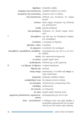 ΛΥΣΙΟΥ ΥΠΕΡ ΜΑΝΤΙΘΕΟΥ88
αποφασίζω, ψηφίζω
παραδίδω κατάλογο των ιππέων
εισπράττω πίσω το επίδομα
επιθετική μτχ. αντικείμενο του απρμφ.
σκοπεῖν
ειδικό απρμφ. αντικείμενο της επιθετικής
μτχ. ὁμολογούντων
χρονικός σύνδεσμος
υποκείμενο του τελικού απρμφ. ἀπενε-
γκεῖν
μτχ. παθ. αορ. του ἀποφέρομαι αναφέρο-
μαι, αναγράφομαι
ο συνήγορος του δημοσίου
τιμωρούμαι
οι κατάλογοι (των φυλάρχων)
κατηγορηματικές μτχ. από το ρ. ἂν ἀπο-
δείξειαν
δοτ. προσωπική αντιχαριστική
εμπρόθ. προσδ. τόπου
επιθετική μτχ. ως δοτ. χαριστική
ο επίμονα αρνούμενος
αρνούμαι
κακοποιούμαι. Το αντίθετο εὖ πάσχω ευ-
τυχώ, ευεργετούμαι
ολοφάνερα, πρόδηλα, επίσημα
λέω ψέμματα εναντίον κάποιου
αιτιολογική μτχ. υποκειμενικής αιτίας
υποθετική μτχ.
γεν. διαιρετική
εμπρόθ. προσδ. ποιητικού αιτίου
κατηγορηματικές μτχ. από το ὁρῶ
ο σύνδεσμος ὥστε στην αρχή περιόδου ή
ημιπεριόδου χρησιμοποιείται και ως παρα-
τακτικός και τότε εισάγει κύρια πρόταση.
ψηφίζομαι
ἀποφέρω τοὺς ἱππεύσαντας
ἀναπράττω τὰς καταστάσεις
τοὺς ἱππεύσαντας
ἱππεύειν
ἐπειδή
τοὺς φυλάρχους
7	ἀπενεχθέντα
ὁ σύνδικος
ζημιόομαι, -οῦμαι
τὰ γράμματα
ἀπενεχθέντα, παραδοθέντα, καταβαλόν­
τα
αὐτοῖς
ἐκ τούτων
τῷ βουλομένῳ
8	 ὁ, ἡ ἔξαρνος, τὸ ἔξαρνον
ἔξαρνός εἰμι
κακῶς πάσχω
περιφανῶς
καταψεύδομαί τινος
ὡς πεποιηκώς
ἀποδείξας
τῶν πολιτῶν
ὑπ' ἐμοῦ
χρωμένους, βουλεύοντας, κεχειροτονη-
μένους
ὥστε... τὴν ἀπολογίαν
22-0159_RHTORIKA KEIMENA.indb 88 3/5/14 5:12 PM
 