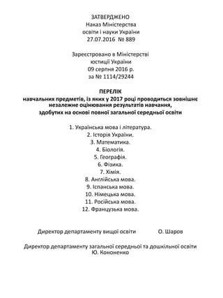 ЗАТВЕРДЖЕНО
Наказ Міністерства
освіти і науки України
27.07.2016 № 889
Зареєстровано в Міністерстві
юстиції України
09 серпня 2016 р.
за № 1114/29244
ПЕРЕЛІК
навчальних предметів, із яких у 2017 році проводиться зовнішнє
незалежне оцінювання результатів навчання,
здобутих на основі повної загальної середньої освіти
1. Українська мова і література.
2. Історія України.
3. Математика.
4. Біологія.
5. Географія.
6. Фізика.
7. Хімія.
8. Англійська мова.
9. Іспанська мова.
10. Німецька мова.
11. Російська мова.
12. Французька мова.
Директор департаменту вищої освіти О. Шаров
Директор департаменту загальної середньої та дошкільної освіти
Ю. Кононенко
 