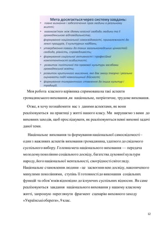 12
Моя робота класного керівника спрямованана такі аспекти
громадянського виховання ,як національне, патріотичне, трудове виховання.
Отже, я хочу познайомити вас з даними аспектами, як вони
реалізовуються на практиці у житті нашого класу. Ми вирушаємо з вами до
виховних заходів, щоб прослідкувати, як реалізовуються певні виховні задачі
даної теми.
Національне виховання та формування національної самосвідомості–
одинз важливих аспектів виховання громадянина, здатного до свідомого
суспільного вибору. Головнамета національного виховання — передача
молодомупоколінню соціального досвіду, багатства духовної культури
народу, його національної ментальності, своєрідностісвітогляду.
Національне становлення людини - це засвоєння нею досвіду, накопиченого
минулими поколіннями, ступінь її готовностідо виконання соціальних
функцій та обов’язків відповідно до існуючих суспільних відносин. Як саме
реалізовуються завдання національного виховання у нашому класному
житті, запрошую переглянути фрагмент сценарію виховного заходу
«Українськіобереги», 9 клас.
 