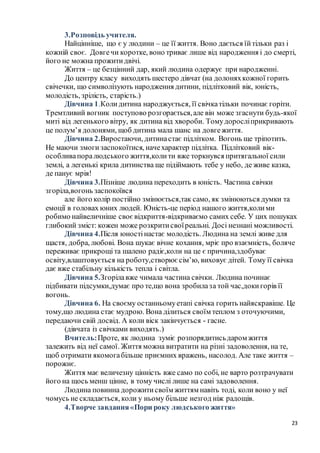 23
3.Розповідь учителя.
Найцінніше, що є у людини – це її життя. Воно дається їйтільки раз і
кожній своє. Довгечи коротке, воно триває лише від народження і до смерті,
його не можна прожитидвічі.
Життя – це безцінний дар, який людина одержує при народженні.
До центру класу виходять шестеро дівчат (на долоняхкожної горить
свічечки, що символізують народження дитини, підлітковий вік, юність,
молодість, зрілість, старість.)
Дівчина 1.Колидитина народжується, її свічкатільки починає горіти.
Тремтливий вогник поступово розгорається,але він може згаснути будь-якої
миті від легенького вітру, як дитина від хвороби. Томудоросліприкривають
це полум’я долонями, щоб дитина мала шанс на довгежиття.
Дівчина 2.Виростаючи, дитинастає підлітком. Вогонь ще тріпотить.
Не маючи змоги заспокоїтися, начехарактер підлітка. Підлітковий вік-
особливапоралюдського життя,колити вже торкнувся притягальної сили
землі, а легенькі крила дитинства ще підіймають тебе у небо, де живе казка,
де панує мрія!
Дівчина 3.Пізніше людина переходить в юність. Частина свічки
згоріла,вогонь заспокоївся
але його колір постійно змінюється,так само, як змінюються думки та
емоції в головах юних людей. Юність-це період нашого життя,колими
робимо найвеличніше своєвідкриття-відкриваємо самих себе. У цих пошуках
глибокий зміст: кожен може розкритисвоїреальні. Досі незнані можливості.
Дівчина 4.Після юностінастає молодість. Людина на землі живе для
щастя, добра, любові. Вона шукає вічне кохання, мріє про взаємність, боляче
переживає прикрощіта шалено радіє,коли на це є причина,здобуває
освіту,влаштовується на роботу,створює сім’ю, виховує дітей. Тому її свічка
дає вже стабільну кількість тепла і світла.
Дівчина 5.Згорілавже чимала частина свічки. Людина починає
підбивати підсумки,думає про те,що вона зробилаза той час,докигорів її
вогонь.
Дівчина 6. На своєму останньомуетапі свічка горить найяскравіше. Це
тому,що людина стає мудрою. Вона ділиться своїм теплом з оточуючими,
передаючи свій досвід. А коли віск закінчується - гасне.
(дівчата із свічками виходять.)
Вчитель:Проте, як людина зуміє розпорядитисьдаром життя
залежить від неї самої. Життя можна витратити на різні задоволення, на те,
щоб отримати якомогабільше приємних вражень, насолод. Але таке життя –
порожнє.
Життя має величезну цінність вже само по собі, не варто розтрачувати
його на щось менш цінне, в тому числі лише на самі задоволення.
Людина повинна дорожитисвоїм життям навіть тоді, коли воно у неї
чомусь не складається, коли у ньому більше незгод ніж радощів.
4.Творче завдання«Пори року людського життя»
 