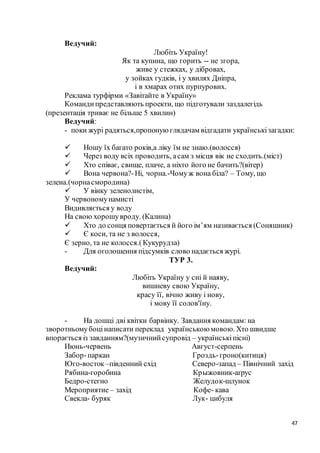 47
Ведучий:
Любіть Україну!
Як та купина, що горить -- не згора,
живе у стежках, у дібровах,
у зойках гудків, і у хвилях Дніпра,
і в хмарах отих пурпурових.
Реклама турфірми «Завітайте в Україну»
Командипредставляють проекти, що підготували заздалегідь
(презентація триває не більше 5 хвилин)
Ведучий:
- поки журі радяться,пропоную глядачам відгадати українськізагадки:
 Ношу їх багато років,а ліку їм не знаю.(волосся)
 Через воду всіх проводить, асам з місця вік не сходить.(міст)
 Хто співає, свище, плаче, а ніхто його не бачить?(вітер)
 Вона червона?-Ні, чорна.-Чомуж вона біла? – Тому, що
зелена.(чорнасмородина)
 У вінку зеленолистім,
У червономунамисті
Видивляється у воду
На свою хорошувроду. (Калина)
 Хто до сонця повертається й його ім’ям називається (Соняшник)
 Є коси, та не з волосся,
Є зерно, та не колосся.(Кукурудза)
- Для оголошення підсумків слово надається журі.
ТУР 3.
Ведучий:
Любіть Україну у сні й наяву,
вишневу свою Україну,
красу її, вічно живу і нову,
і мову її солов'їну.
- На дошці дві квітки барвінку. Завдання командам: на
зворотньомубоцінаписати переклад українською мовою. Хто швидше
впорається із завданням?(музичнийсупровід – українськіпісні)
Июнь-червень Август-серпень
Забор-паркан Гроздь-гроно(китиця)
Юго-восток –південний схід Северо-запад – Північний захід
Рябина-горобина Крыжовник-аґрус
Бедро-стегно Желудок-шлунок
Мероприятие – захід Кофе- кава
Свекла- буряк Лук- цибуля
 