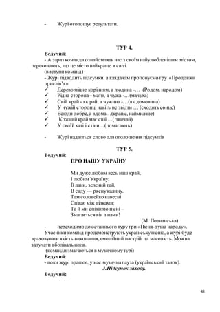 48
- Журі оголошує результати.
ТУР 4.
Ведучий:
- А зараз команди ознайомлять нас з своїм найулюбленішим містом,
переконають, що це місто найкраще в світі.
(виступи команд)
- Журі підводить підсумки, а глядачам пропонуємо гру «Продовжи
прислів’я»
 Дерево міцне корінням, а людина -… (Родом. народом)
 Рідна сторона – мати, а чужа -…(мачуха)
 Свій край - як рай, а чужина -…(як домовина)
 У чужій сторонцінавіть не звідти … (сходить сонце)
 Всюди добре, а вдома…(краще, наймиліше)
 Кожнийкрай має свій…( звичай)
 У своїйхаті і стіни…(помагають)
- Журі надається слово для оголошення підсумків
ТУР 5.
Ведучий:
ПРО НАШУ УКРАЇНУ
Ми дуже любим весь наш край,
І любим Україну,
Її лани, зелений гай,
В саду — ряснукалину.
Там соловейко навесні
Співає між гілками:
Та й ми співаємо пісні –
Змагається він з нами!
(М. Познанська)
- переходимо до останнього туру гри «Пісня-душа народу».
Учасники команд продемонструють українськупісню, а журі буде
враховувати якість виконання, емоційний настрій та масовість. Можна
залучати вболівальників.
(команди змагаються в музичномутурі)
Ведучий:
- поки журі працює, у нас музичнапауза (українськийтанок).
3.Підсумок заходу.
Ведучий:
 