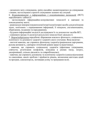 - визначати мету спілкування, вміти емоційно налаштовуватися на спілкування
з іншим; застосовувати стратегії спілкування залежно від ситуації.
6. Компетентності з інформаційних і комунікативних технологій (ПСТ)
передбачають здібності:
- застосовувати інформаційно-комунікативні технології в навчанні та
повсякденному житті;
- раціонально використовуватикомп'ютер й комп'ютернізасобидля розв'язання
задач, пов'язаних з опрацюванням інформації, її пошуком, систематизацією,
зберіганням, поданням та передаванням;
- будувати інформаційні моделі й досліджувати їх за допомогою засобів ІКТ;
- оцінювати процес й досягнуті результати технологічної діяльності.
7. Здоров'язберігаюча передбачає збереження власного фізичного, соціального,
психічного та духовного здоров'я і здоров'я свого оточення. Вона включає:
- життєві навички, що сприяють фізичному здоров'ю (раціональне харчування,
рухова активність, санітарно-гігієнічний режим праці та відпочинку);
- навички, що сприяють соціальному здоров'ю (ефективне спілкування,
співчуття, розв'язання конфліктів, поведінка в умовах тиску, погроз,
дискримінації, спільна діяльність та співробітництво);
- навички, що сприяють духовному та психічному здоров'ю (самоусвідомлення
та самооцінка, аналіз проблем і прийняття рішень, визначення життєвих цілей
та програм, самоконтроль, мотивація успіху та тренування волі) .
 