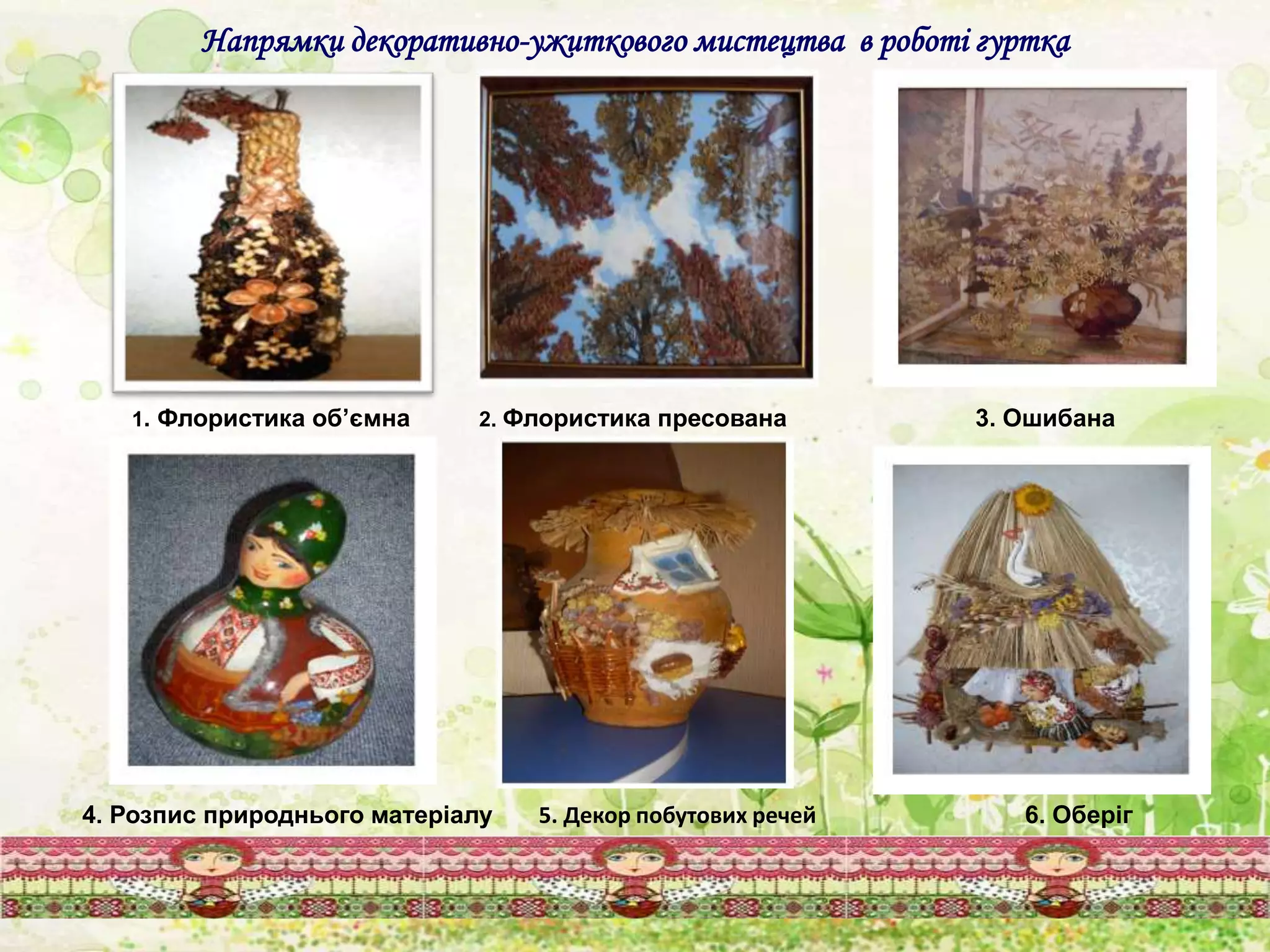 Напрямки декоративно-ужиткового мистецтва в роботі гуртка
1. Флористика об’ємна 2. Флористика пресована
6. Оберіг4. Розпис природнього матеріалу 5. Декор побутових речей
3. Ошибана
 