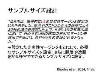 サンプルサイズ設計
“私たちは，保守的な1.9の非劣性マージンと検定力
90%を選択した。脱落やプロトコルからの逸脱による
２０％の減少を許容した上で，片側2.5%の有意水準
において，PHQ-9で1.90の群間の非劣性マージンを
検出できるには，合計440名の参加が必要となっ
た。”
→設定した非劣性マージンをもとにして，必要
なサンプルサイズを設定。さらに脱落や逸脱
を20%許容でできるサンプルサイズに設定。
Rhodes et al.,2014, Trials
 