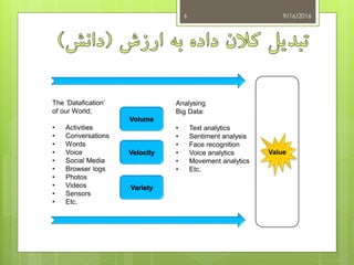 9/16/20166
The ‘Datafication’
of our World;
• Activities
• Conversations
• Words
• Voice
• Social Media
• Browser logs
• Photos
• Videos
• Sensors
• Etc.
Volume
Variety
Velocity
Analysing
Big Data:
• Text analytics
• Sentiment analysis
• Face recognition
• Voice analytics
• Movement analytics
• Etc.
Value
 