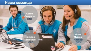 Наша команда
Виктор
Осетров
CEO
Алия
Мусина
Finance/
CFO
Артем
Смирнов
CTO
 