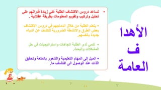 •‫على‬ ‫قدراتهم‬ ‫زيادة‬ ‫على‬ ‫الطلبة‬ ‫االكتشاف‬ ‫دروس‬ ‫تساعد‬
‫عقالنية‬ ‫بطريقة‬ ‫المعلومات‬ ‫وتقويم‬ ‫وتركيب‬ ‫تحليل‬.
•‫االكتشاف‬ ‫دروس‬ ‫في‬ ‫اندماجهم‬ ‫خالل‬ ‫من‬ ‫الطلبة‬ ‫يتعلم‬
‫عن‬ ‫للكشف‬ ‫الضرورية‬ ‫واالنشطة‬ ‫الطرق‬ ‫بعض‬‫اش‬‫ي‬‫اء‬
‫جديدة‬‫بانفسهم‬.
•‫تنمي‬‫حل‬ ‫في‬ ‫واستراتيجيات‬ ‫اتجاهات‬ ‫الطلبة‬ ‫لدى‬
‫المشكالت‬‫والبحث‬.
•‫الميل‬‫إ‬‫لى‬‫وتحقيق‬ ‫بالمتعة‬ ‫والشعور‬ ‫التعليمية‬ ‫المهام‬
‫اكتشاف‬ ‫الى‬ ‫الوصول‬ ‫عند‬ ‫الذات‬‫ما‬.
‫األهدا‬
‫ف‬
‫العامة‬
 