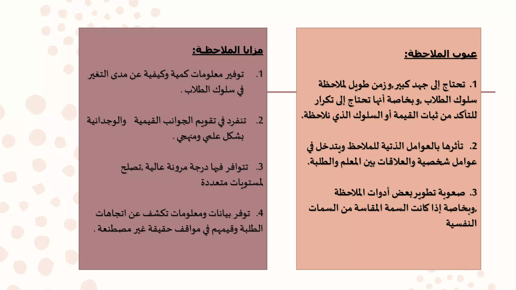 ‫المالحظـة‬ ‫مزايا‬:
.1‫الت‬ ‫مدى‬ ‫ع‬ ‫وكيفي‬ ‫كمي‬ ‫لومات‬ ‫م‬ ‫تو‬‫غ‬
‫الط‬ ‫سلوك‬‫في‬.
2.‫والو‬ ‫المليمي‬ ‫الجوانب‬ ‫تملويم‬‫في‬ ‫فرد‬ ‫ت‬‫داني‬
‫ومنوجي‬ ‫علمي‬ ‫بشك‬.
3.‫عالي‬ ‫ن‬‫و‬‫مر‬ ‫ر‬‫د‬ ‫يوا‬ ‫ر‬ ‫تتوا‬,‫تصلح‬
‫ددة‬ ‫مت‬ ‫تويات‬ ‫مل‬
4.‫اتباهات‬ ‫ع‬ ‫تكشف‬ ‫لومات‬ ‫وم‬ ‫بيانات‬ ‫ر‬ ‫تو‬
‫مصط‬ ‫غ‬ ‫مليمل‬ ‫ف‬ ‫موا‬ ‫في‬ ‫يمهم‬ ‫و‬ ‫الطلب‬.
‫المالحظة‬ ‫عيوب‬:
1.‫كبير‬ ‫جهد‬ ‫إلى‬ ‫تحتاج‬,‫ملالحظ‬ ‫طويل‬ ‫من‬‫ز‬‫و‬‫ة‬
‫الطالب‬‫سلوك‬,‫تك‬ ‫إلى‬ ‫تحتاج‬ ‫أنها‬‫بخاصة‬‫و‬‫رار‬
‫نال‬ ‫الذي‬‫السلوك‬‫أو‬‫القيمة‬ ‫ثبات‬ ‫من‬ ‫للتأكد‬‫حظة‬.
2.‫ويتدخ‬‫للمالحظ‬ ‫الذتية‬ ‫بالعوامل‬ ‫تأثرها‬‫في‬‫ل‬
‫والط‬‫املعلم‬ ‫بين‬ ‫والعالقات‬ ‫شخصية‬‫عوامل‬‫لبة‬.
3.‫املالحظة‬ ‫أدوات‬ ‫بعض‬‫تطوير‬ ‫صعوبة‬
,‫السمات‬ ‫من‬‫املقاسة‬ ‫السمة‬ ‫كانت‬ ‫إذا‬ ‫وبخاصة‬
‫النفسية‬
 