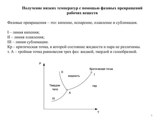 9
Получение низких температур с помощью фазовых превращений
рабочих веществ
Фазовые превращения – это: кипение, испарение, плавление и сублимация.
I – линия кипения;
II – линия плавления;
III – линия сублимации.
Кр – критическая точка, в которой состояние жидкости и пара не различимы.
т. А – тройная точка равновесия трех фаз: жидкой, твердой и газообразной.
 