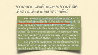 ความหมาย และลักษณะของความรับผิด
เพื่อความเสียหายอันเกิดจากสัตว์
มาตรา ๔๒๐ ผู้ใดจงใจหรือประมาทเลินเล่อ ทำต่อ
บุคคลอื่นโดยผิดกฎหมายให้เขาเสียหายถึงแก่ชีวิตก็ดี
แก่ร่างกายก็ดี อนามัยก็ดี เสรีภาพก็ดี ทรัพย์สินหรือสิทธิ
อย่างหนึ่งอย่างใดก็ดี ท่านว่าผู้นั้นทำละเมิดจำต้องใช้ค่า
สินไหมทดแทนเพื่อการนั้น
มาตรา ๔๓๓ ถ้าความเสียหายเกิดขึ้นเพราะสัตว์ ท่านว่า
เจ้าของสัตว์หรือบุคคลผู้รับเลี้ยงรับรักษาไว้แทนเจ้าของจำต้องใช้
ค่าสินไหมทดแทนให้แก่ฝ่ายที่ต้องเสียหายเพื่อความเสียหาย
อย่างใด ๆ อันเกิดแต่สัตว์นั้น เว้นแต่จะพิสูจน์ได้ว่าตนได้ใช้ความ
ระมัดระวังอันสมควรแก่การเลี้ยงการรักษาตามชนิดและวิสัยของ
สัตว์ หรือตามพฤติการณ์อย่างอื่น หรือพิสูจน์ได้ว่าความเสียหาย
นั้นย่อมจะต้องเกิดมีขึ้นทั้งที่ได้ใช้ความระมัดระวังถึงเพียงนั้น
อนึ่ง บุคคลผู้ต้องรับผิดชอบดังกล่าวมาในวรรคต้นนั้น จะ
ใช้สิทธิไล่เบี้ยเอาแก่บุคคลผู้ที่เร้าหรือยั่วสัตว์นั้นโดยละเมิด หรือ
เอาแก่เจ้าของสัตว์อื่นอันมาเร้าหรือยั่วสัตว์นั้น ๆ ก็ได้
 