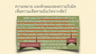 ความหมาย และลักษณะของความรับผิด
เพื่อความเสียหายอันเกิดจากสัตว์
มาตรา ๔๒๐ ผู้ใดจงใจหรือประมาทเลินเล่อ ทำต่อ
บุคคลอื่นโดยผิดกฎหมายให้เขาเสียหายถึงแก่ชีวิตก็ดี
แก่ร่างกายก็ดี อนามัยก็ดี เสรีภาพก็ดี ทรัพย์สินหรือสิทธิ
อย่างหนึ่งอย่างใดก็ดี ท่านว่าผู้นั้นทำละเมิดจำต้องใช้ค่า
สินไหมทดแทนเพื่อการนั้น
มาตรา ๔๓๓ ถ้าความเสียหายเกิดขึ้นเพราะสัตว์ ท่านว่า
เจ้าของสัตว์หรือบุคคลผู้รับเลี้ยงรับรักษาไว้แทนเจ้าของจำต้องใช้
ค่าสินไหมทดแทนให้แก่ฝ่ายที่ต้องเสียหายเพื่อความเสียหาย
อย่างใด ๆ อันเกิดแต่สัตว์นั้น เว้นแต่จะพิสูจน์ได้ว่าตนได้ใช้ความ
ระมัดระวังอันสมควรแก่การเลี้ยงการรักษาตามชนิดและวิสัยของ
สัตว์ หรือตามพฤติการณ์อย่างอื่น หรือพิสูจน์ได้ว่าความเสียหาย
นั้นย่อมจะต้องเกิดมีขึ้นทั้งที่ได้ใช้ความระมัดระวังถึงเพียงนั้น
อนึ่ง บุคคลผู้ต้องรับผิดชอบดังกล่าวมาในวรรคต้นนั้น จะ
ใช้สิทธิไล่เบี้ยเอาแก่บุคคลผู้ที่เร้าหรือยั่วสัตว์นั้นโดยละเมิด หรือ
เอาแก่เจ้าของสัตว์อื่นอันมาเร้าหรือยั่วสัตว์นั้น ๆ ก็ได้
species
nature
other circumstances
 
