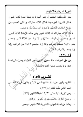 11
: ‫اىثالثٞخ‬ ‫اىَشظٞخ‬ ‫اىذٗسح‬
‫ٌّذح‬ ‫ِشػ١خ‬ ‫أعبصح‬ ٍٝ‫ػ‬ ‫اٌؾظٛي‬ ‫ٌٍّٛظف‬ ‫٠ؾك‬‫ص‬‫الصخ‬‫شٙٛس‬
‫عٕٛاد‬ ‫صالس‬ ‫خالي‬ ‫اٌّشػ١خ‬ ‫اٌذٚسح‬ ‫خالي‬ِٓ ‫رؾغت‬ ٟ‫اٌز‬ ٚ
ًّ‫ٌٍؼ‬ ِٗ‫اعزال‬ ‫ربس٠خ‬. ٝ‫سعؼ‬ ‫ثأصش‬ ‫رأخز‬ ْ‫أ‬ ‫٠غٛص‬ ‫ٚال‬
-‫شٙٛس‬ ‫صالصخ‬ ‫اٌض٠بدح‬ ‫ؽبٌخ‬ ٝ‫ٚف‬ ‫أشٙش‬ ‫صالصخ‬ ٌٗ ‫عٕٛاد‬ ‫صالس‬ ً‫و‬
‫اٌشارت‬ ِٓ ُ‫٠خظ‬ ٜ‫أخش‬25ُ‫٠خظ‬ ‫أشٙش‬ ‫صالصخ‬ ٓ‫ػ‬ ‫صاد‬ ‫إرا‬ ٚ %
‫ِٕخ‬51%‫اٌّشرت‬ ‫ٔظف‬ُ‫٠خظ‬ ‫صاد‬ ‫ٚإرا‬15‫ٚإرا‬ ‫اٌشارت‬ ِٓ %
‫م‬‫ال‬ِ‫وب‬ ‫اٌّشرت‬ ُ‫٠خظ‬ ‫صاد‬.
‫قشاس‬251:
‫ٌغٕخ‬ ٌٝ‫إ‬ ‫٠ؾٛي‬ ُ‫ص‬ ًِ‫وب‬ ‫ثأعش‬ ٓ١ٍِ‫وب‬ ٓ١ِ‫ػب‬ ‫ِذح‬ ‫اٌّٛظف‬ ‫ؽك‬ ِٓ
‫ػغض‬‫اٌضالص١خ‬ ‫اٌذٚسح‬ ّٓ‫ػ‬ ‫رؾغت‬ ‫ٚال‬.
‫األداء‬ ٌٝ٘‫تقـــ‬
-ِٓ ‫٠جذأ‬ ‫عٕخ‬ ‫ِذح‬ ٓ‫ػ‬ ْٛ‫٠ى‬ ُ٠ٛ‫اٌزم‬1/5ٟٚ‫ف‬ ٟٙ‫٠ٕز‬31/1ِٓ
( ْٛٔ‫ٌٍمب‬ ‫م‬‫ب‬‫ؿجم‬ ٌٟ‫اٌزب‬ َ‫اٌؼب‬155.)
-ِٚ‫ربس٠خ‬ ٓ1/1ٝ‫ؽز‬31/12( ْٛٔ‫ٌٍمب‬ ‫م‬‫ب‬‫ؿجم‬41.)
-. ‫ٚٔٛفّجش‬ ‫أوزٛثش‬ ٞ‫شٙش‬ ‫خالي‬ ‫اٌزمش٠ش‬ ‫٠ٛػغ‬
-. ‫د٠غّجش‬ ‫شٙش‬ ‫خالي‬ ‫اٌجشش٠خ‬ ‫اٌّٛاسد‬ ‫ٌغٕخ‬ ِٓ ‫٠ؼزّذ‬
 