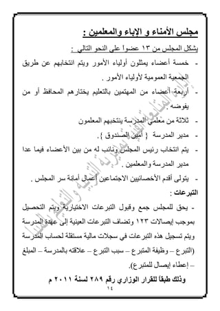 14
: َِٞ‫ٗاىَعي‬ ‫اإلثبء‬ ٗ ‫األٍْبء‬ ‫ٍجيظ‬
ِٓ ‫اٌّغٍظ‬ ً‫٠شى‬13: ٌٟ‫اٌزب‬ ٛ‫إٌؾ‬ ٍٝ‫ػ‬ ‫م‬‫ا‬ٛ‫ػؼ‬
-‫خّغ‬‫خ‬‫أػؼبء‬ٍْٛ‫٠ّض‬‫أٌٚ١بء‬‫األِٛس‬ُٙ‫أزخبث‬ ُ‫ٚ٠ز‬‫ؿش٠ك‬ ٓ‫ػ‬
‫األِٛس‬ ‫ألٌٚ١بء‬ ‫اٌؼِّٛ١خ‬ ‫اٌغّؼ١خ‬.
-‫أسثؼخ‬‫أػؼبء‬ُ١ٍ‫ثبٌزؼ‬ ٓ١ّ‫اٌّٙز‬ ِٓ‫اٌّؾبفظ‬ ُ٘‫٠خزبس‬ِٓ ٚ‫أ‬
ٗ‫٠فٛػ‬.
-ٍّْٛ‫اٌّؼ‬ ُٙ‫٠ٕزخج‬ ‫اٌّذسعخ‬ ٍّٟ‫ِؼ‬ ِٓ ‫صالصخ‬
-‫اٌّذسعخ‬ ‫ِذ٠ش‬}‫اٌظٕذٚق‬ ٓ١ِ‫أ‬{.
-ِٓ ٌٗ ‫ٚٔبئت‬ ‫اٌّغٍظ‬ ‫سئ١ظ‬ ‫أزخبة‬ ُ‫٠ز‬‫ػذا‬ ‫ف١ّب‬ ‫األػؼبء‬ ٓ١‫ث‬
. ٓ١ٍّ‫ٚاٌّؼ‬ ‫اٌّذسعخ‬ ‫ِذ٠ش‬
-١١‫األخظبئ‬ َ‫ألذ‬ ٌٝٛ‫٠ز‬ٓ. ‫اٌّغٍظ‬ ‫عش‬ ‫أِبٔخ‬ ‫أػّبي‬ ٓ١‫االعزّبػ‬
‫اىتجشعبد‬:
-ً١‫اٌزؾظ‬ ُ‫ٚ٠ز‬ ‫االخز١بس٠خ‬ ‫اٌزجشػبد‬ ‫ٚلجٛي‬ ‫عّغ‬ ‫ٌٍّغٍظ‬ ‫٠ؾك‬
‫إ٠ظبالد‬ ‫ثّٛعت‬123‫اٌؼ١ٕ١خ‬ ‫اٌزجشػبد‬ ‫ٚرؼبف‬ٌٝ‫إ‬‫اٌّذسعخ‬ ‫ػٙذح‬
ً١‫رغغ‬ ُ‫ٚ٠ز‬ٖ‫٘ز‬‫اٌزجشػبد‬ٟ‫ف‬‫ِغزمٍخ‬ ‫ِبٌ١خ‬ ‫عغالد‬‫اٌّذسعخ‬ ‫ٌؾغبة‬
‫(اٌزجشع‬–‫اٌّزجشع‬ ‫ٚظ١فخ‬–‫اٌزجشع‬ ‫عجت‬–‫ثبٌّذسعخ‬ ٗ‫ػاللز‬–‫اٌّجٍغ‬
–.)‫ٌٍّزجشع‬ ‫إ٠ظبي‬ ‫إػـبء‬
ٌ‫سق‬ ٛ‫اى٘صاس‬ ‫ىيقشاس‬ ً‫ب‬‫طجق‬ ‫ٗرىل‬261‫ىغْخ‬2411ً
 