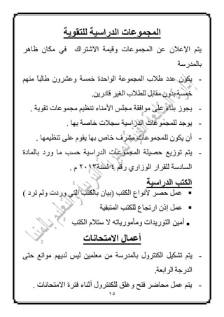 15
‫ىيتق٘ٝخ‬ ‫اىذساعٞخ‬ ‫اىَجَ٘عبد‬
‫ظب٘ش‬ ْ‫ِىب‬ ٟ‫ف‬ ‫االشزشان‬ ‫ٚل١ّخ‬ ‫اٌّغّٛػبد‬ ٓ‫ػ‬ ْ‫اإلػال‬ ُ‫٠ز‬
‫ثب‬‫ٌّذسعخ‬
-ُِٕٙ ‫م‬‫ب‬‫ؿبٌج‬ ْٚ‫ٚػشش‬ ‫خّغخ‬ ‫اٌٛاؽذح‬ ‫اٌّغّٛػخ‬ ‫ؿالة‬ ‫ػذد‬ ْٛ‫٠ى‬
‫خّغخ‬.ٓ٠‫لبدس‬ ‫اٌغ١ش‬ ‫ٌٍـالة‬ ً‫ِمبث‬ ْٚ‫ثذ‬
-‫ا‬ ‫ِغٍظ‬ ‫ِٛافمخ‬ ٍٝ‫ػ‬ ‫ثٕبء‬ ‫٠غٛص‬. ‫رمٛ٠خ‬ ‫ِغّٛػبد‬ ُ١‫رٕظ‬ ‫ألِٕبء‬
-. ‫ثٙب‬ ‫خبطخ‬ ‫عغالد‬ ‫اٌذساع١خ‬ ‫ٌٍّغّٛػبد‬ ‫٠ٛعذ‬
-. ‫رٕظ١ّٙب‬ ٍٝ‫ػ‬ َٛ‫٠م‬ ‫ثٙب‬ ‫خبص‬ ‫ِششف‬ ‫ٌٍّغّٛػبد‬ ْٛ‫٠ى‬ ْ‫أ‬
-‫رٛص٠غ‬ ُ‫٠ز‬‫ثبٌّبدح‬ ‫ٚسد‬ ‫ِب‬ ‫ؽغت‬ ‫اٌذساع١خ‬ ‫اٌّغّٛػبد‬ ‫ؽظ١ٍخ‬
ُ‫سل‬ ٞ‫اٌٛصاس‬ ‫ٌٍمشاس‬ ‫اٌغبدعخ‬4‫ٌغٕخ‬2113. َ
‫اىذساعٞخ‬ ‫اىنتت‬
) ‫رشد‬ ٌُٚ ‫ٚسدد‬ ٟ‫اٌز‬ ‫ثبٌىزت‬ ْ‫(ث١ب‬ ‫اٌىزت‬ ‫ألٔٛاع‬ ‫ؽظش‬ ًّ‫ػ‬
ْ‫إر‬ ًّ‫ػ‬‫ا‬‫اٌّزجم١خ‬ ‫ٌٍىزت‬ ‫سرغبع‬
■‫اٌز‬ ٓ١ِ‫أ‬‫ٛس‬ِٚ ‫٠ذاد‬‫أ‬‫اٌىزت‬ َ‫عزال‬ ‫ال‬ ٗ‫ِٛس٠بر‬
‫االٍتحبّبد‬ ‫أعَبه‬
-٠‫ٌ١ظ‬ ٓ١ٍّ‫ِؼ‬ ِٓ ‫ثبٌّذسعخ‬ ‫اٌىٕزشٚي‬ ً١‫رشى‬ ُ‫ز‬ٝ‫ؽز‬ ‫ِٛأغ‬ ُٙ٠‫ٌذ‬
.‫اٌشاثؼخ‬ ‫اٌذسعخ‬
-. ‫االِزؾبٔبد‬ ‫فزشح‬ ‫أصٕبء‬ ‫ٌٍىٕزشٚي‬ ‫ٚغٍك‬ ‫فزؼ‬ ‫ِؾبػش‬ ًّ‫ػ‬ ُ‫٠ز‬
 
