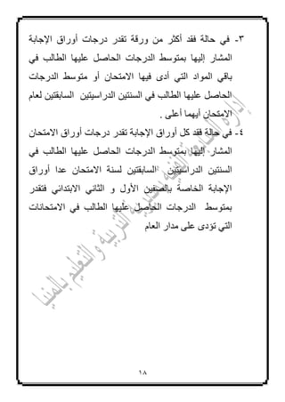 11
3-ٟ‫ف‬‫أٚساق‬ ‫دسعبد‬ ‫رمذس‬ ‫ٚسلخ‬ ِٓ ‫أوضش‬ ‫فمذ‬ ‫ؽبٌخ‬‫اإلعبثخ‬
ٌّ‫ا‬‫شبس‬‫إٌ١ٙب‬‫اٌـبٌت‬ ‫ػٍ١ٙب‬ ً‫اٌؾبط‬ ‫اٌذسعبد‬ ‫ثّزٛعؾ‬ٟ‫ف‬
‫االِزؾ‬ ‫ف١ٙب‬ ٜ‫أد‬ ٟ‫اٌز‬ ‫اٌّٛاد‬ ٟ‫ثبل‬ْ‫ب‬ٚ‫أ‬‫اٌذسعبد‬ ‫ِزٛعؾ‬
َ‫ٌؼب‬ ٓ١‫اٌغبثمز‬ ٓ١‫اٌذساع١ز‬ ٓ١‫اٌغٕز‬ ٟ‫ف‬ ‫اٌـبٌت‬ ‫ػٍ١ٙب‬ ً‫اٌؾبط‬
. ٍٝ‫أػ‬ ‫أ٠ّٙب‬ ْ‫االِزؾب‬
4-ْ‫االِزؾب‬ ‫أٚساق‬ ‫دسعبد‬ ‫رمذس‬ ‫اإلعبثخ‬ ‫أٚساق‬ ً‫و‬ ‫فمذ‬ ‫ؽبٌخ‬ ٟ‫ف‬
‫ث‬ ‫إٌ١ٙب‬ ‫اٌّشبس‬‫ا‬ ‫ّزٛعؾ‬ٟ‫ف‬ ‫اٌـبٌت‬ ‫ػٍ١ٙب‬ ً‫اٌؾبط‬ ‫ٌذسعبد‬
ٓ١‫اٌغبثمز‬ ٓ١‫اٌذساع١ز‬ ٓ١‫اٌغٕز‬‫أٚساق‬ ‫ػذا‬ ْ‫االِزؾب‬ ‫ٌغٕخ‬
‫فزمذس‬ ٟ‫االثزذائ‬ ٟٔ‫اٌضب‬ ٚ ‫األٚي‬ ٓ١‫ثبٌظف‬ ‫اٌخبطخ‬ ‫اإلعبثخ‬
‫االِزؾبٔبد‬ ٟ‫ف‬ ‫اٌـبٌت‬ ‫ػٍ١ٙب‬ ً‫اٌؾبط‬ ‫اٌذسعبد‬ ‫ثّزٛعؾ‬
َ‫اٌؼب‬ ‫ِذاس‬ ٍٝ‫ػ‬ ٜ‫رؤد‬ ٟ‫اٌز‬
 