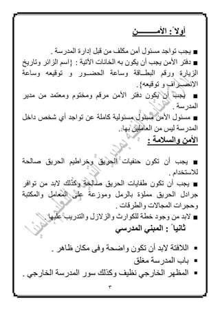 3
ً‫أٗال‬ٍ‫األ‬ :‫ــــــــــ‬ِ
■. ‫اٌّذسعخ‬ ‫إداسح‬ ً‫لج‬ ِٓ ‫ِىٍف‬ ِٓ‫أ‬ ‫ِغئٛي‬ ‫رٛاعذ‬ ‫٠غت‬
■‫دفزش‬ِٓ‫األ‬‫٠غت‬ٗ‫ث‬ ْٛ‫٠ى‬ ْ‫أ‬ٌ‫ا‬‫خبٔبد‬: ‫ا٢ر١خ‬}‫اٌضائش‬ ُ‫اع‬‫ٚربس٠خ‬
‫اٌض٠بسح‬‫اٌجـــبلخ‬ ُ‫ٚسل‬‫اٌؾؼ‬ ‫ٚعبػخ‬‫ــ‬ٚ ‫ٛس‬ٗ‫رٛل١ؼ‬‫ٚعبػخ‬
‫االٔظ‬‫ــ‬ٚ ‫شاف‬ٗ‫رٛل١ؼ‬}.
■‫٠غت‬ْ‫أ‬‫دفزش‬ ْٛ‫٠ى‬ِٓ‫األ‬‫ِش‬َٛ‫ِٚخز‬ ُ‫ل‬‫ِذ٠ش‬ ِٓ ‫ِٚؼزّذ‬
. ‫اٌّذسعخ‬
■ً‫داخ‬ ‫شخض‬ ٞ‫أ‬ ‫رٛاعذ‬ ٓ‫ػ‬ ‫وبٍِخ‬ ‫ِغئٌٛ١خ‬ ‫ِغئٛي‬ ِٓ‫األ‬ ‫ِغئٛي‬
. ‫ثٙب‬ ٓ١ٍِ‫اٌؼب‬ ِٓ ‫ٌ١ظ‬ ‫اٌّذسعخ‬
: ‫ٗاىغالٍخ‬ ٍِ‫األ‬
■‫طبٌؾخ‬ ‫اٌؾش٠ك‬ ُ١‫ٚخشاؿ‬ ‫اٌؾش٠ك‬ ‫ؽٕف١بد‬ ْٛ‫رى‬ ْ‫أ‬ ‫٠غت‬
. َ‫ٌالعزخذا‬
■‫رٛافش‬ ِٓ ‫الثذ‬ ‫ٚوزٌه‬ ‫طبٌؾخ‬ ‫اٌؾش٠ك‬ ‫ؿفب٠بد‬ ْٛ‫رى‬ ْ‫أ‬ ‫٠غت‬
‫عشا‬‫ٚاٌّىزجخ‬ ًِ‫اٌّؼب‬ ٍٝ‫ػ‬ ‫ِٚٛصػخ‬ ًِ‫ثبٌش‬ ‫ٍِّؤح‬ ‫اٌؾش٠ك‬ ‫دي‬
. ‫ٚاٌـشلبد‬ ‫اٌّغبالد‬ ‫ٚؽغشاد‬
■. ‫ػٍ١ٙب‬ ‫ٚاٌزذس٠ت‬ ‫ٚاٌضالصي‬ ‫ٌٍىٛاسس‬ ‫خـخ‬ ‫ٚعٛد‬ ِٓ ‫الثذ‬
ٜ‫اىَذسع‬ ْٜ‫اىَج‬ : ً‫ثبّٞب‬
ٌ‫ا‬‫الفزخ‬‫الثذ‬ْ‫أ‬‫ٚاػؾخ‬ ْٛ‫رى‬. ‫ظب٘ش‬ ْ‫ِىب‬ ٝ‫ٚف‬
‫ِغٍك‬ ‫اٌّذسعخ‬ ‫ثبة‬
‫ٔظ١ف‬ ٟ‫اٌخبسع‬ ‫اٌّظٙش‬‫اٌّذسعخ‬ ‫عٛس‬ ‫ٚوزٌه‬. ٟ‫اٌخبسع‬
 