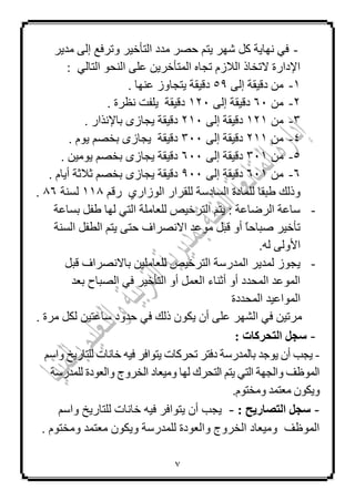 1
-ٚ ‫اٌزأخ١ش‬ ‫ِذد‬ ‫ؽظش‬ ُ‫٠ز‬ ‫شٙش‬ ً‫و‬ ‫ٔٙب٠خ‬ ٟ‫ف‬‫ِذ٠ش‬ ٌٝ‫إ‬ ‫رشفغ‬
ٌٟ‫اٌزب‬ ٛ‫إٌؾ‬ ٍٝ‫ػ‬ ٓ٠‫اٌّزأخش‬ ٖ‫رغب‬ َ‫اٌالص‬ ‫الرخبر‬ ‫اإلداسح‬:
1-ٌٝ‫إ‬ ‫دل١مخ‬ ِٓ55. ‫ػٕٙب‬ ‫٠زغبٚص‬ ‫دل١مخ‬
2-ِٓ61‫دل‬ٌٝ‫إ‬ ‫١مخ‬121. ‫ٔظشح‬ ‫٠ٍفذ‬ ‫دل١مخ‬
3-ِٓ121ٌٝ‫إ‬ ‫دل١مخ‬211. ‫ثبإلٔزاس‬ ٜ‫٠غبص‬ ‫دل١مخ‬
4-ِٓ211ٌٝ‫إ‬ ‫دل١مخ‬311. َٛ٠ ُ‫ثخظ‬ ٜ‫٠غبص‬ ‫دل١مخ‬
5-ِٓ311ٌٝ‫إ‬ ‫دل١مخ‬611. ٓ١ِٛ٠ ُ‫ثخظ‬ ٜ‫٠غبص‬ ‫دل١مخ‬
6-ِٓ611ٌٝ‫إ‬ ‫دل١مخ‬511َ‫أ٠ب‬ ‫صالصخ‬ ُ‫ثخظ‬ ٜ‫٠غبص‬ ‫دل١مخ‬.
‫اٌغبدعخ‬ ‫ٌٍّبدح‬ ‫ؿجمب‬ ‫ٚرٌه‬ٞ‫اٌٛصاس‬ ‫ٌٍمشاس‬ُ‫سل‬111‫ٌغٕخ‬16.
-‫ثغبػخ‬ ً‫ؿف‬ ‫ٌٙب‬ ٟ‫اٌز‬ ‫ٌٍؼبٍِخ‬ ‫اٌزشخ١ض‬ ُ‫٠ز‬ : ‫اٌشػبػخ‬ ‫عبػخ‬
‫اٌغٕخ‬ ً‫اٌـف‬ ُ‫٠ز‬ ٝ‫ؽز‬ ‫االٔظشاف‬ ‫ِٛػذ‬ ً‫لج‬ ٚ‫أ‬ ‫م‬‫ب‬‫طجبؽ‬ ‫رأخ١ش‬
.ٌٗ ٌٝٚ‫األ‬
-ً‫لج‬ ‫ثبالٔظشاف‬ ٓ١ٍِ‫ٌٍؼب‬ ‫اٌزشخ١ض‬ ‫اٌّذسعخ‬ ‫ٌّذ٠ش‬ ‫٠غٛص‬
‫ثؼذ‬ ‫اٌظجبػ‬ ٟ‫ف‬ ‫اٌزأخ١ش‬ ٚ‫أ‬ ًّ‫اٌؼ‬ ‫أصٕبء‬ ٚ‫أ‬ ‫اٌّؾذد‬ ‫اٌّٛػذ‬
‫اٌّؾ‬ ‫اٌّٛاػ١ذ‬‫ذدح‬
. ‫ِشح‬ ً‫ٌى‬ ٓ١‫عبػز‬ ‫ؽذٚد‬ ٟ‫ف‬ ‫رٌه‬ ْٛ‫٠ى‬ ْ‫أ‬ ٍٝ‫ػ‬ ‫اٌشٙش‬ ٟ‫ف‬ ٓ١‫ِشر‬
-‫اى‬ ‫عجو‬: ‫تحشمبد‬
-ُ‫ٚاع‬ ‫ٌٍزبس٠خ‬ ‫خبٔبد‬ ٗ١‫ف‬ ‫٠زٛافش‬ ‫رؾشوبد‬ ‫دفزش‬ ‫ثبٌّذسعخ‬ ‫٠ٛعذ‬ ْ‫أ‬ ‫٠غت‬
‫ٌٍّذسعخ‬ ‫ٚاٌؼٛدح‬ ‫اٌخشٚط‬ ‫ِٚ١ؼبد‬ ‫ٌٙب‬ ‫اٌزؾشن‬ ُ‫٠ز‬ ٟ‫اٌز‬ ‫ٚاٌغٙخ‬ ‫اٌّٛظف‬
َٛ‫ِٚخز‬ ‫ِؼزّذ‬ ْٛ‫ٚ٠ى‬.
-‫اى‬ ‫عجو‬: ‫تصبسٝح‬-‫٠غت‬‫خ‬ ٗ١‫ف‬ ‫٠زٛافش‬ ْ‫أ‬ُ‫ٚاع‬ ‫ٌٍزبس٠خ‬ ‫بٔبد‬
‫اٌّٛظف‬. َٛ‫ِٚخز‬ ‫ِؼزّذ‬ ْٛ‫ٚ٠ى‬ ‫ٌٍّذسعخ‬ ‫ٚاٌؼٛدح‬ ‫اٌخشٚط‬ ‫ِٚ١ؼبد‬
 