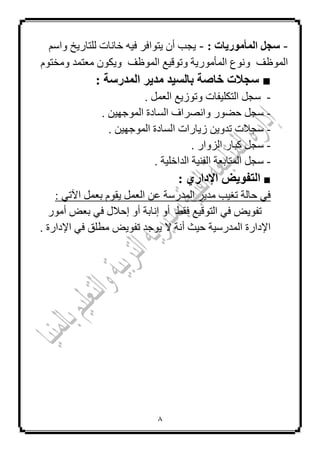 1
-: ‫اىَأٍ٘سٝبد‬ ‫عجو‬-‫خ‬ ٗ١‫ف‬ ‫٠زٛافش‬ ْ‫أ‬ ‫٠غت‬ُ‫ٚاع‬ ‫ٌٍزبس٠خ‬ ‫بٔبد‬
‫اٌّٛظف‬ٚ‫اٌّٛظف‬ ‫ٚرٛل١غ‬ ‫اٌّأِٛس٠خ‬ ‫ٔٛع‬َٛ‫ِٚخز‬ ‫ِؼزّذ‬ ْٛ‫ٚ٠ى‬
■: ‫اىَذسعخ‬ ‫ٍذٝش‬ ‫ثبىغٞذ‬ ‫خبصخ‬ ‫عجالد‬
-ً‫عغ‬١ٍ‫اٌزى‬. ًّ‫اٌؼ‬ ‫ٚرٛص٠غ‬ ‫فبد‬
-. ٓ١ٙ‫اٌّٛع‬ ‫اٌغبدح‬ ‫ٚأظشاف‬ ‫ؽؼٛس‬ ً‫عغ‬
-. ٓ١ٙ‫اٌّٛع‬ ‫اٌغبدح‬ ‫ص٠بساد‬ ٓ٠ٚ‫رذ‬ ‫عغالد‬
-. ‫اٌضٚاس‬ ‫وجبس‬ ً‫عغ‬
-. ‫اٌذاخٍ١خ‬ ‫اٌفٕ١خ‬ ‫اٌّزبثؼخ‬ ً‫عغ‬
■: ٛ‫اإلداس‬ ‫اىتف٘ٝط‬
: ٟ‫ا٢ر‬ ًّ‫ثؼ‬ َٛ‫٠م‬ ًّ‫اٌؼ‬ ٓ‫ػ‬ ‫اٌّذسعخ‬ ‫ِذ٠ش‬ ‫رغ١ت‬ ‫ؽبٌخ‬ ٟ‫ف‬
‫فمؾ‬ ‫اٌزٛل١غ‬ ٟ‫ف‬ ‫رفٛ٠غ‬‫أ‬ ‫إٔبثخ‬ ٚ‫أ‬‫أِٛس‬ ‫ثؼغ‬ ٟ‫ف‬ ‫إؽالي‬ ٚ
. ‫اإلداسح‬ ٟ‫ف‬ ‫ِـٍك‬ ‫رفٛ٠غ‬ ‫٠ٛعذ‬ ‫ال‬ ‫أٔخ‬ ‫ؽ١ش‬ ‫اٌّذسع١خ‬ ‫اإلداسح‬
 