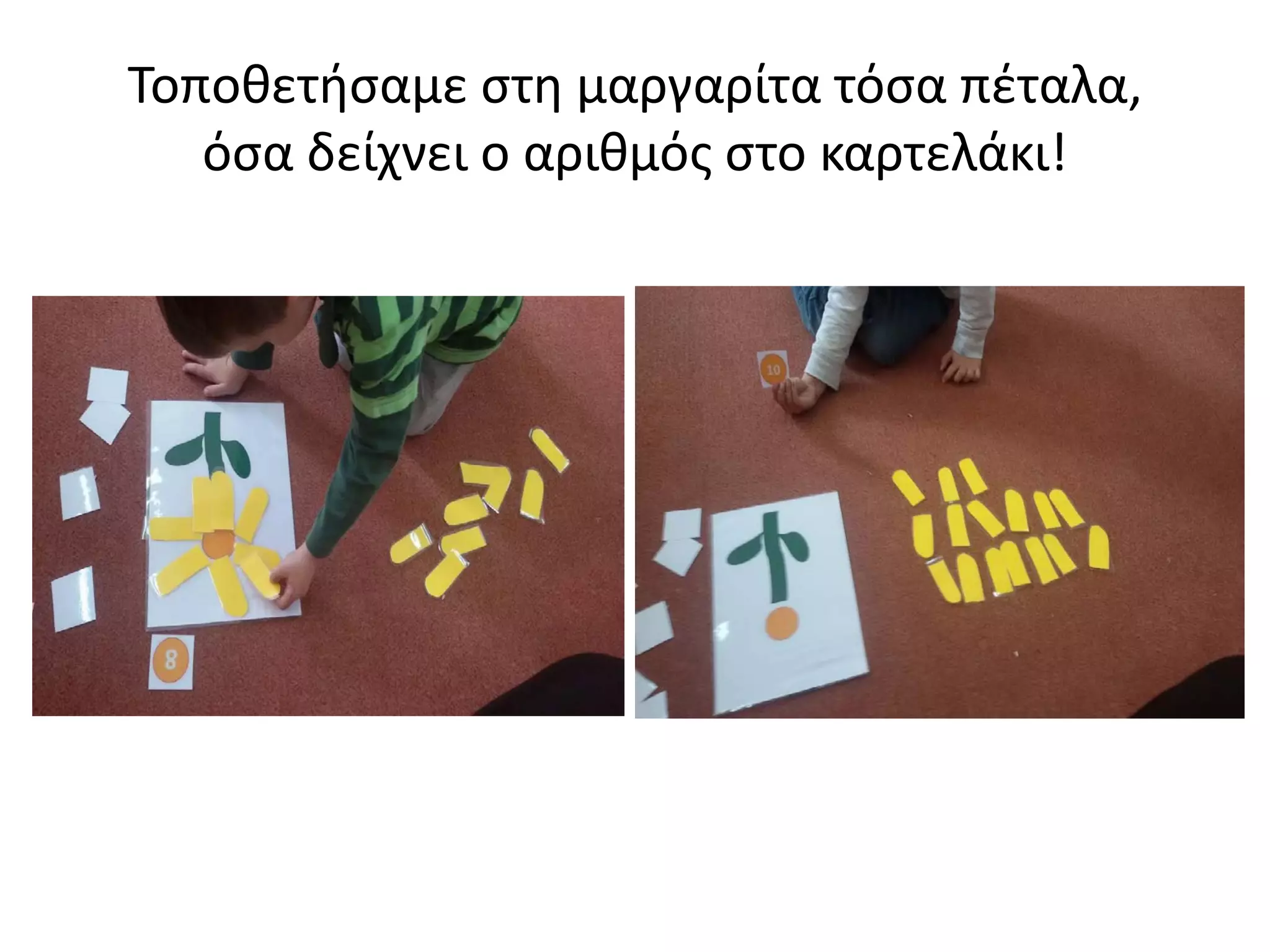 Τοποθετήσαμε στη μαργαρίτα τόσα πέταλα,
όσα δείχνει ο αριθμός στο καρτελάκι!
 