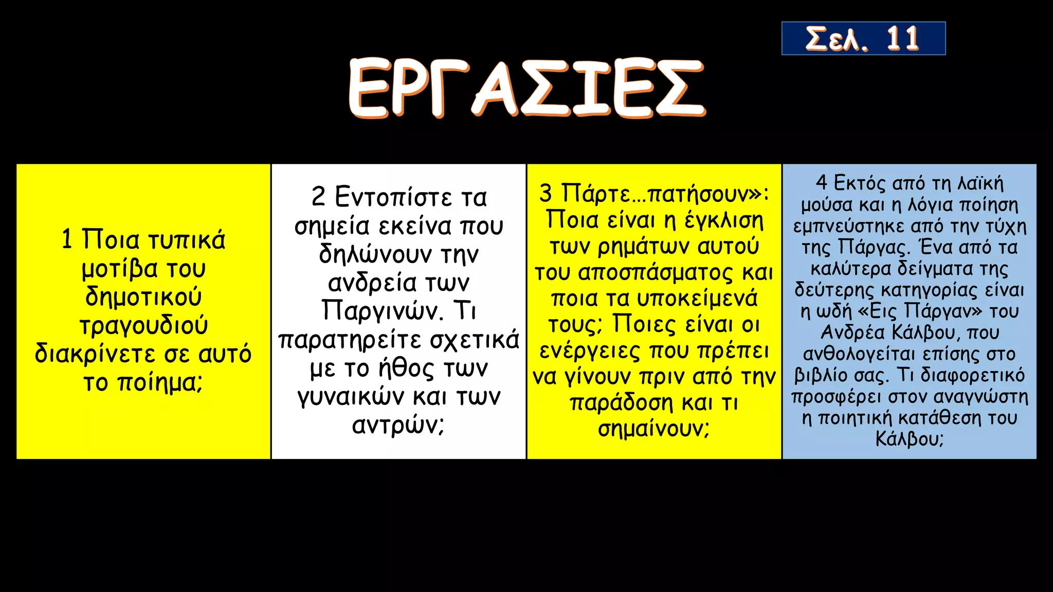 1 Ποια τυπικά
μοτίβα του
δημοτικού
τραγουδιού
διακρίνετε σε αυτό
το ποίημα;
2 Eντοπίστε τα
σημεία εκείνα που
δηλώνουν την
ανδρεία των
Παργινών. Τι
παρατηρείτε σχετικά
με το ήθος των
γυναικών και των
αντρών;
3 Πάρτε…πατήσουν»:
Ποια είναι η έγκλιση
των ρημάτων αυτού
του αποσπάσματος και
ποια τα υποκείμενά
τους; Ποιες είναι οι
ενέργειες που πρέπει
να γίνουν πριν από την
παράδοση και τι
σημαίνουν;
4 Εκτός από τη λαϊκή
μούσα και η λόγια ποίηση
εμπνεύστηκε από την τύχη
της Πάργας. Ένα από τα
καλύτερα δείγματα της
δεύτερης κατηγορίας είναι
η ωδή «Εις Πάργαν» του
Ανδρέα Κάλβου, που
ανθολογείται επίσης στο
βιβλίο σας. Τι διαφορετικό
προσφέρει στον αναγνώστη
η ποιητική κατάθεση του
Κάλβου;
 