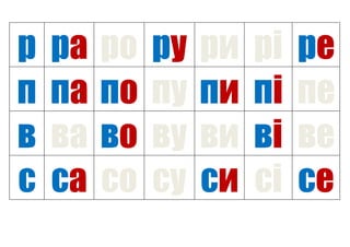 р ра ро ру ри рі ре
п па по пу пи пі пе
в ва во ву ви ві ве
с са со су си сі се
 