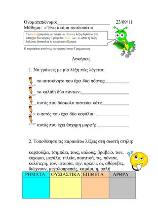 Ονοματεπώνυμο: 23/09/11
Μάθημα: « Ένα ακόμα σκαλοπάτι»
Ο παραπάνω κανόνας να γραφτεί στην Γραμματική.
Ασκήσεις
1. Να γράψεις με μία λέξη πώς λέγεται:
το αυτοκίνητο που έχει δύο πόρτες:
το καλάθι δύο πόντων:
αυτός που δύσκολα πιστεύει κάτι:
ο αετός που έχει δύο κεφάλια:
αυτός που έχει άσχημη μορφή:
2. Τοποθέτησε τις παρακάτω λέξεις στη σωστή στήλη:
καρπούζια, τσιμπάει, τους, καλούς, βραβείο, των,
εύχομαι, μεγάλο, τελεία, ποιητική, τις, πόνεσε,
καλύτερη, τον, ιστορία, την, αρέσει, οι, αθόρυβες,
διώχνουν, μεγαλοπρεπείς, καμάρι, η, απλή
ΡΗΜΑΤΑ ΟΥΣΙΑΣΤΙΚΑ ΕΠΙΘΕΤΑ ΑΡΘΡΑ
Το δι(σ) γράφεται με γιώτα –ι- όταν η λέξη δηλώνει ότι
υπάρχει δύο φορές. Γράφεται δυσ- με –υ- όταν η λέξη
δηλώνει δυσκολία ή κακό αποτέλεσμα.
Μαριάνθη Χαλκίτη
 