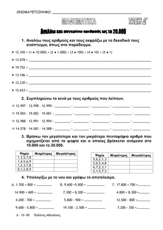 ΟΝΟΜΑΤΕΠΩΝΥΜΟ: ___________________________________________
1. Αναλύω τους αριθμούς και τους εκφράζω με το δεκαδικό τους
ανάπτυγμα, όπως στο παράδειγμα.
 12.345 = (1 ● 10.000) + (2 ● 1.000) + (3 ● 100) + (4 ● 10) + (5 ● 1)
 13.078 = _______________________________________________________________________
 19.752 = _______________________________________________________________________
 13.106 = _______________________________________________________________________
 12.230 = _______________________________________________________________________
 15.653 = _______________________________________________________________________
2. Συμπληρώνω τα κενά με τους αριθμούς που λείπουν.
 12.997 – 12.998 – 12.999 - _________ - _________ - __________ - __________ - __________
 19.003 – 19.002 – 19.001 - __________ - _________ - __________ - __________ - _________
 12.988 – 12.991 – 12.994 - _________ - _________ - __________ - __________ - __________
 14.578 – 14.583 – 14.588 - _________ - _________ - __________ - __________ - __________
3. Βρίσκω τον μεγαλύτερο και τον μικρότερο πενταψήφιο αριθμό που
σχηματίζεται από τα ψηφία και ο οποίος βρίσκεται ανάμεσα στο
10.000 και το 20.000.
Ψηφία Μικρότερος Μεγαλύτερος
1,3,5,7,8
1,4,5,6,9
1,2,3,7,8
0,1,2,8,9
4. Υπολογίζω με το νου και γράφω το αποτέλεσμα.
Α. 1.700 + 800 = ………………. Β. 9.600 +5.000 = …………………. Γ. 17.800 + 700 =…………….
14.900 + 600 = ………………. 7.300 + 8.200 = …………………. 4.800 + 8.300 =………….
4.200 - 700 = ………………. 5.800 - 900 = …………………. 12.500 - 800 =…………….
9.600 - 5.800 = ………………. 19.100 - 2.500 = …………………. 7.200 - 350 =…………….
Ψηφία Μικρότερος Μεγαλύτερος
5,6,2,1,3
2,0,5,4,8
6,7,2,3,1
2,1,5,7,3
6 – 10 -09 Παλάνης Αθανάσιος
 