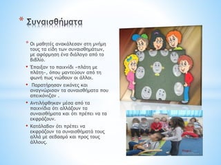 * Οι μαθητές ανακάλεσαν στη μνήμη
τους τα είδη των συναισθημάτων,
με αφόρμηση ένα διάλογο από το
βιβλίο.
• Έπαιξαν το παιχνίδι «πλάτη με
πλάτη», όπου μαντεύουν από τη
φωνή πως νιώθουν οι άλλοι.
• Παρατήρησαν εικόνες και
αναγνώρισαν τα συναισθήματα που
απεικόνιζαν .
• Αντιλήφθηκαν μέσα από τα
παιχνίδια ότι αλλάζουν τα
συναισθήματα και ότι πρέπει να τα
εκφράζουν.
• Κατάλαβαν ότι πρέπει να
εκφράζουν τα συναισθήματά τους
αλλά με σεβασμό και προς τους
άλλους.
*
 