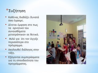 *
• Καθένας διαβάζει δυνατά
όσα έγραψε.
• Δίνεται έμφαση στο πως
τα αρνητικά του
συναισθήματα
μετατράπηκαν σε θετικά.
• Μιλά για ότι τον άγγιξε
περισσότερο στο
πρόγραμμα.
• Ακολουθεί διάλογος στην
τάξη.
• Εξάγονται συμπεράσματα
για τη σπουδαιότητα του
προγράμματος.
 