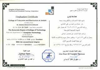 5t
Kingdom of Saudi Arabia
Technical and Vocational Training Corporation
Gradvatton Cerlificete
College of Teleccmm and Electronics at Jeddah
certifies that
lrr. Abdulla Ahmed All Al.Ghamdl
ID. No ll4-30-2609 has been awarded
The Associate Degree of Gollege of Technology
from the department of Gomputer Technology
in the field of
Technical Support
with a G.P.A of 4.59 out of 5.00 grade: Excellent
With fte second honor degree
ii-l the First semester of 2013t2012 ; oatecl1y12l2011
(, ,r.t tt
6r3rbJl r3ie of {3 .e
t
lit
q{&-:l 1+rll isl-ll
ilFll J v5ill ,-,. ;slJ Lul' i*j'.Jr
tAr fsLl
ar+t el;o3;iSj)lj crYl-.-]Yl fj! r (.i.i
g.:.t.iJt oJc gp r^-i cf "Ll.+t Ol+
,Je &-.f  I f -Y.-1. t ,rr:-.;:ill r-i-ij
al-Ji^ll l;r-Lrll arla.ill
oli;o: ,'.a.-ij,ri .-r.,,lJl .r;.lii3
e- *
irj" l3l ,-iJ"l,ll G.-r. 6. jE4. JCJiir.J o 6;o i , o 1 oXl_; dr.-l
rirr,rrr.trii.
cJ3)t qt+JJJt dl.aslt +t€J ss
; l {YY/. t/r l 4l_Jl cll5r r f !-rll f rr o+_.pllrplJI
gp&Jl €ulil4rsll drs. J
tces
a.,t+ itilt$. ljtit I
e.U4l I (,iaf l4a.fL Ci. ta.i! ;rkJr crar J:d ,! J..5 Js
 