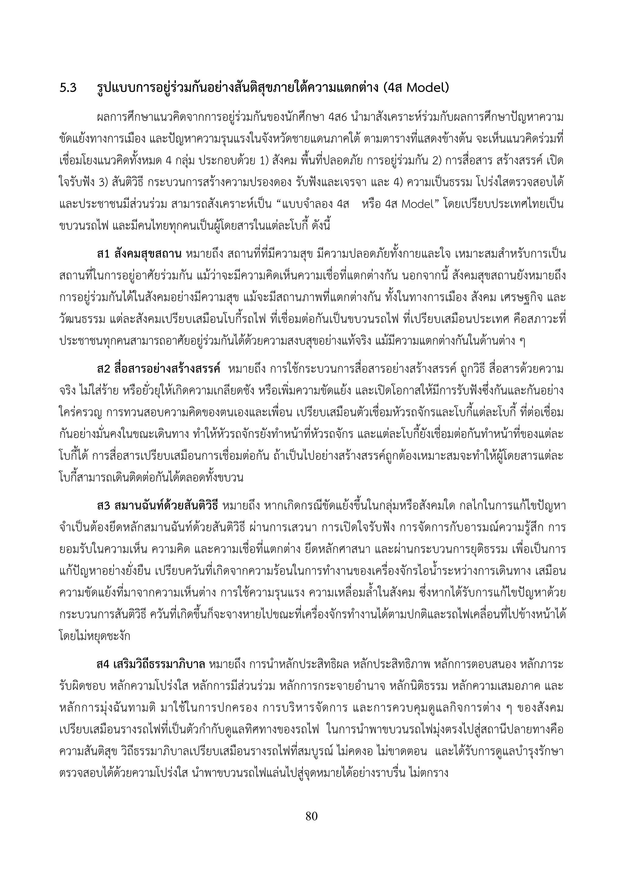80
5.3 รูปแบบการอยู่ร่วมกันอย่างสันติสุขภายใต้ความแตกต่าง (4ส Model)
ผลการศึกษาแนวคิดจากการอยู่ร่วมกันของนักศึกษา 4ส6 นํามาสังเคราะห์ร่วมกับผลการศึกษาปัญหาความ
ขัดแย้งทางการเมือง และปัญหาความรุนแรงในจังหวัดชายแดนภาคใต้ ตามตารางที่แสดงข้างต้น จะเห็นแนวคิดร่วมที่
เชื่อมโยงแนวคิดทั้งหมด 4 กลุ่ม ประกอบด้วย 1) สังคม พื้นที่ปลอดภัย การอยู่ร่วมกัน 2) การสื่อสาร สร้างสรรค์ เปิด
ใจรับฟัง 3) สันติวิธี กระบวนการสร้างความปรองดอง รับฟังและเจรจา และ 4) ความเป็นธรรม โปร่งใสตรวจสอบได้
และประชาชนมีส่วนร่วม สามารถสังเคราะห์เป็น “แบบจําลอง 4ส หรือ 4ส Model” โดยเปรียบประเทศไทยเป็น
ขบวนรถไฟ และมีคนไทยทุกคนเป็นผู้โดยสารในแต่ละโบกี้ ดังนี้
ส1 สังคมสุขสถาน หมายถึง สถานที่ที่มีความสุข มีความปลอดภัยทั้งกายและใจ เหมาะสมสําหรับการเป็น
สถานที่ในการอยู่อาศัยร่วมกัน แม้ว่าจะมีความคิดเห็นความเชื่อที่แตกต่างกัน นอกจากนี้ สังคมสุขสถานยังหมายถึง
การอยู่ร่วมกันได้ในสังคมอย่างมีความสุข แม้จะมีสถานภาพที่แตกต่างกัน ทั้งในทางการเมือง สังคม เศรษฐกิจ และ
วัฒนธรรม แต่ละสังคมเปรียบเสมือนโบกี้รถไฟ ที่เชื่อมต่อกันเป็นขบวนรถไฟ ที่เปรียบเสมือนประเทศ คือสภาวะที่
ประชาชนทุกคนสามารถอาศัยอยู่ร่วมกันได้ด้วยความสงบสุขอย่างแท้จริง แม้มีความแตกต่างกันในด้านต่าง ๆ
ส2 สื่อสารอย่างสร้างสรรค์ หมายถึง การใช้กระบวนการสื่อสารอย่างสร้างสรรค์ ถูกวิธี สื่อสารด้วยความ
จริง ไม่ใส่ร้าย หรือยั่วยุให้เกิดความเกลียดชัง หรือเพิ่มความขัดแย้ง และเปิดโอกาสให้มีการรับฟังซึ่งกันและกันอย่าง
ใคร่ครวญ การทวนสอบความคิดของตนเองและเพื่อน เปรียบเสมือนตัวเชื่อมหัวรถจักรและโบกี้แต่ละโบกี้ ที่ต่อเชื่อม
กันอย่างมั่นคงในขณะเดินทาง ทําให้หัวรถจักรยังทําหน้าที่หัวรถจักร และแต่ละโบกี้ยังเชื่อมต่อกันทําหน้าที่ของแต่ละ
โบกี้ได้ การสื่อสารเปรียบเสมือนการเชื่อมต่อกัน ถ้าเป็นไปอย่างสร้างสรรค์ถูกต้องเหมาะสมจะทําให้ผู้โดยสารแต่ละ
โบกี้สามารถเดินติดต่อกันได้ตลอดทั้งขบวน
ส3 สมานฉันท์ด้วยสันติวิธี หมายถึง หากเกิดกรณีขัดแย้งขึ้นในกลุ่มหรือสังคมใด กลไกในการแก้ไขปัญหา
จําเป็นต้องยึดหลักสมานฉันท์ด้วยสันติวิธี ผ่านการเสวนา การเปิดใจรับฟัง การจัดการกับอารมณ์ความรู้สึก การ
ยอมรับในความเห็น ความคิด และความเชื่อที่แตกต่าง ยึดหลักศาสนา และผ่านกระบวนการยุติธรรม เพื่อเป็นการ
แก้ปัญหาอย่างยั่งยืน เปรียบควันที่เกิดจากความร้อนในการทํางานของเครื่องจักรไอน้ําระหว่างการเดินทาง เสมือน
ความขัดแย้งที่มาจากความเห็นต่าง การใช้ความรุนแรง ความเหลื่อมล้ําในสังคม ซึ่งหากได้รับการแก้ไขปัญหาด้วย
กระบวนการสันติวิธี ควันที่เกิดขึ้นก็จะจางหายไปขณะที่เครื่องจักรทํางานได้ตามปกติและรถไฟเคลื่อนที่ไปข้างหน้าได้
โดยไม่หยุดชะงัก
ส4 เสริมวิถีธรรมาภิบาล หมายถึง การนําหลักประสิทธิผล หลักประสิทธิภาพ หลักการตอบสนอง หลักภาระ
รับผิดชอบ หลักความโปร่งใส หลักการมีส่วนร่วม หลักการกระจายอํานาจ หลักนิติธรรม หลักความเสมอภาค และ
หลักการมุ่งฉันทามติ มาใช้ในการปกครอง การบริหารจัดการ และการควบคุมดูแลกิจการต่าง ๆ ของสังคม
เปรียบเสมือนรางรถไฟที่เป็นตัวกํากับดูแลทิศทางของรถไฟ ในการนําพาขบวนรถไฟมุ่งตรงไปสู่สถานีปลายทางคือ
ความสันติสุข วิถีธรรมาภิบาลเปรียบเสมือนรางรถไฟที่สมบูรณ์ ไม่คดงอ ไม่ขาดตอน และได้รับการดูแลบํารุงรักษา
ตรวจสอบได้ด้วยความโปร่งใส นําพาขบวนรถไฟแล่นไปสู่จุดหมายได้อย่างราบรื่น ไม่ตกราง
 