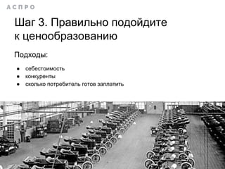 Шаг 3. Правильно подойдите
к ценообразованию
Подходы:
● себестоимость
● конкуренты
● сколько потребитель готов заплатить
 