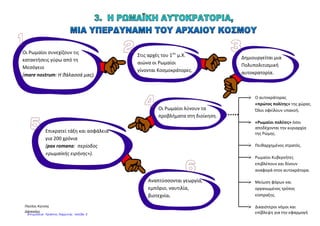 Ιστορία Ε΄ Δημοτικού – «Στα βυζαντινά χρόνια»
Ενότητα Α΄: Οι Έλληνες και οι Ρωμαίοι – Κεφάλαιο 3ο
Σαμούχος Πέτρος©
Περίληψη μαθήματος
Ερωτήσεις
 Ποια ήταν τα σύνορα της ρωμαϊκής αυτοκρατορίας τρεις αιώνες μετά
την υποταγή της Ελλάδας; Πώς ονόμαζαν τη Μεσόγειο θάλασσα;
 Γιατί χαρακτηρίζουμε τους Ρωμαίους κοσμοκράτορες;
 Ποια ήταν τα ιδιαίτερα χαρακτηριστικά των κατοίκων της ρωμαϊκής
αυτοκρατορίας;
 Ποιο ήταν το μεγαλύτερο πρόβλημα που αντιμετώπιζαν και τι μέτρα
πήραν για να το λύσουν;
 Πώς βοήθησαν τα μέτρα που πήραν οι Ρωμαίοι και ποια αποτελέσματα
είχαν για την οικονομική ζωή των κατοίκων της αυτοκρατορίας;
 Φαντάσου ότι είσαι ένας σπουδαίος Ρωμαίος ρήτορας που όλοι σε
σέβονται και ζητούν τη γνώμη σου για τα νέα μέτρα. Πώς τα
χαρακτηρίζεις; Λύνουν τα προβλήματα της αυτοκρατορίας σου;
 Γιατί κάποιοι άνθρωποι εκείνη την εποχή αποδέχονταν τους Ρωμαίους
ως κατακτητές με αντάλλαγμα τον τίτλο του Ρωμαίου πολίτη;
Οι Ρωμαίοι συνεχίζουν τις κατακτήσεις τους και γίνονται
κοσμοκράτορες. Κυβερνούν τις κατακτημένες χώρες με
αυστηρούς νόμους και αντιμετωπίζουν τα προβλήματα
οργάνωσης της απέραντης αυτοκρατορίας τους.
 