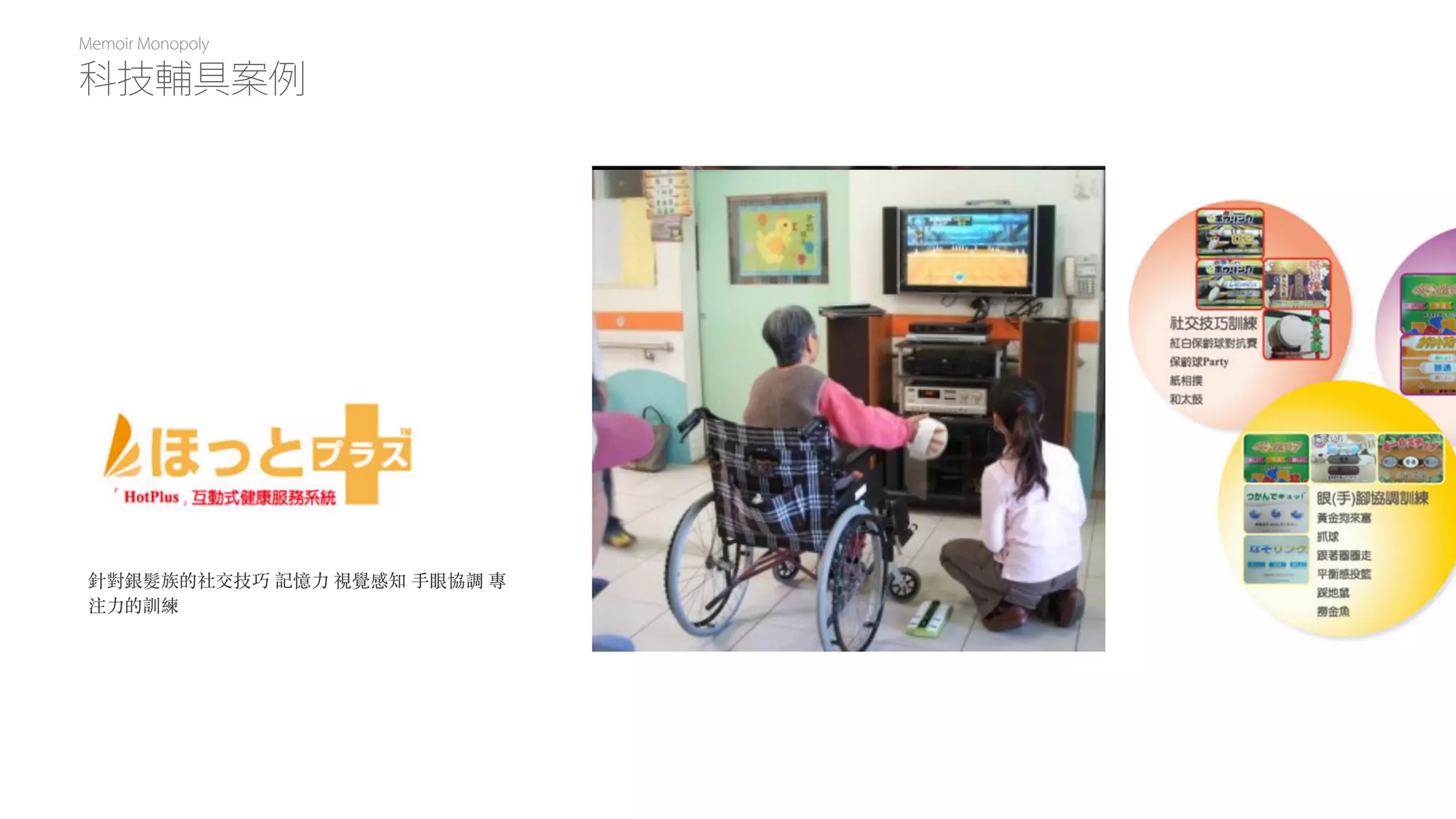 Memoir Monopoly
針對銀髮族的社交技巧 記憶⼒ 視覺感知 ⼿眼協調 專
注⼒的訓練
科技輔具案例
 
