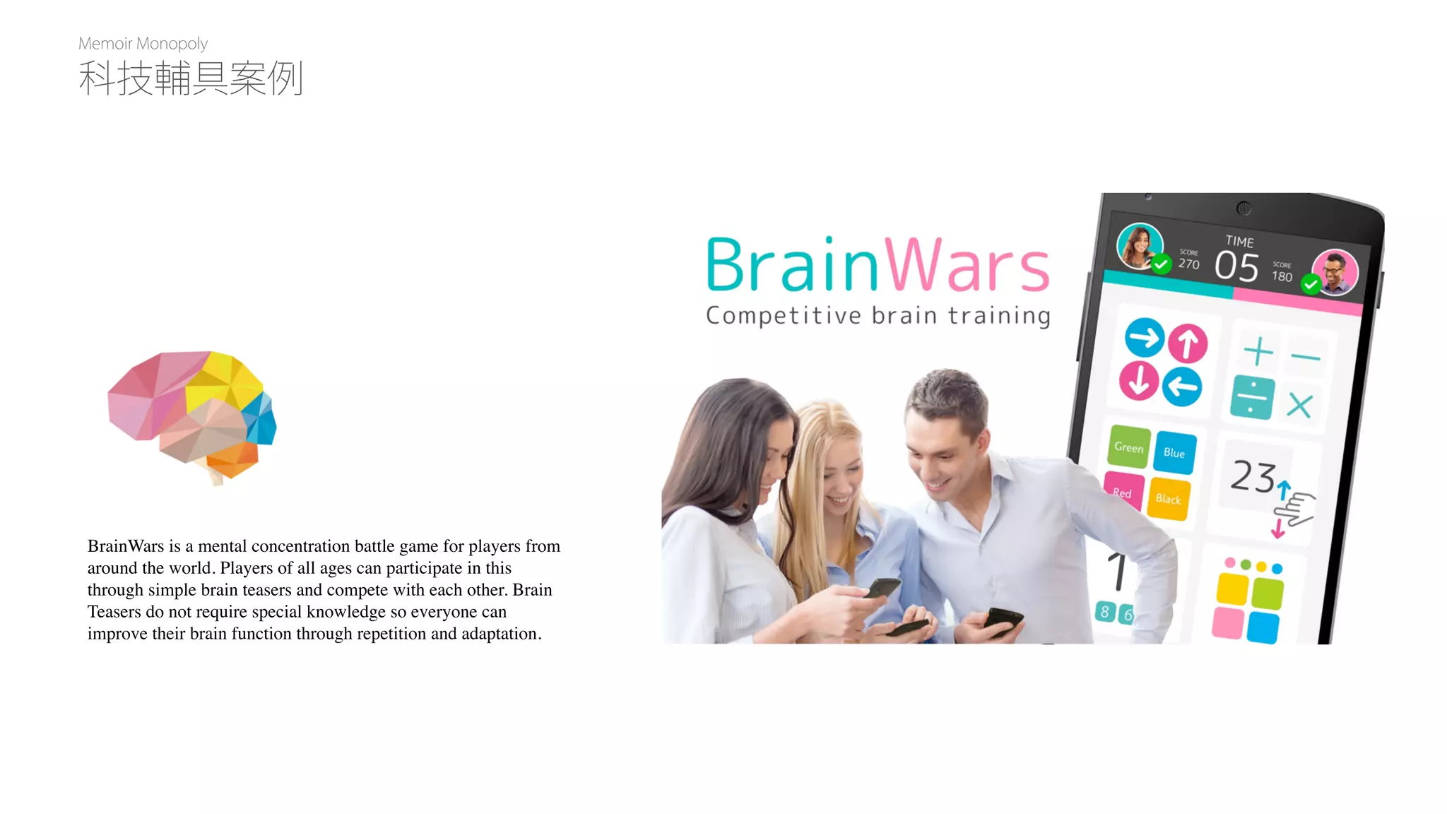 Memoir Monopoly
BrainWars is a mental concentration battle game for players from
around the world. Players of all ages can participate in this
through simple brain teasers and compete with each other. Brain
Teasers do not require special knowledge so everyone can
improve their brain function through repetition and adaptation.
科技輔具案例
 