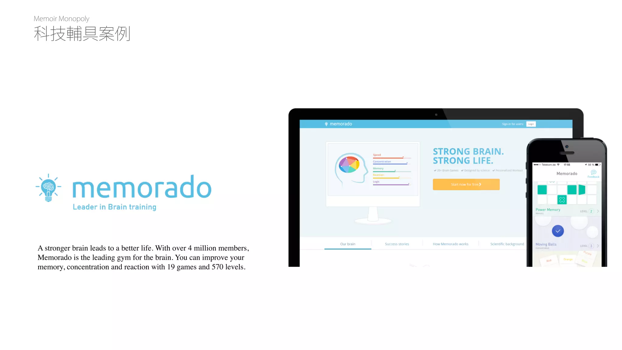 Memoir Monopoly
科技輔具案例
A stronger brain leads to a better life. With over 4 million members,
Memorado is the leading gym for the brain. You can improve your
memory, concentration and reaction with 19 games and 570 levels.
 