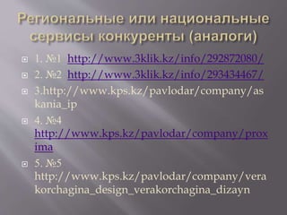  1. №1 http://www.3klik.kz/info/292872080/
 2. №2 http://www.3klik.kz/info/293434467/
 3.http://www.kps.kz/pavlodar/company/as
kania_ip
 4. №4
http://www.kps.kz/pavlodar/company/prox
ima
 5. №5
http://www.kps.kz/pavlodar/company/vera
korchagina_design_verakorchagina_dizayn
 