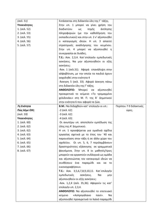 (σελ. 51)
Υποενότητες
1. (σελ. 52)
2. (σελ. 53)
3. (σελ. 55)
4. (σελ. 56)
5. (σελ. 57)
Εντάσσεται στη διδακτέα ύλη της Γ΄ τάξης.
Στην υπ. 1 μπορεί να γίνει χρήση του
διαδικτύου ως πηγής άντλησης
πληροφοριών (με την καθοδήγηση του
εκπαιδευτικού) και στην υπ. 2 ν’ αξιοποιηθεί
ο καταιγισμός ιδεών. Η υπ. 3 απαιτεί
στρατηγικές αναδιήγησης του κειμένου.
Στην υπ. 4 μπορεί να αξιοποιηθεί η
συνεργασία σε δυάδες.
Τ.Ε.: Ασκ. 2,3,4. Κατ΄επιλογήν εμπεδωτικές
ασκήσεις. Να μην αξιοποιηθούν οι εξής
ασκήσεις:
-Άσκ. 1 (σελ.31). Αφορά επανάληψη στην
αλφαβήτιση, με την οποία τα παιδιά έχουν
ασχοληθεί στην ενότητα 4
-Άσκηση 5 (σελ. 33). Αφορά άσκηση πάνω
στη διδακτέα ύλη της Γ΄τάξης.
ΑΝΘΟΛΟΓΙΟ: Μπορεί να αξιοποιηθεί
προαιρετικά το κείμενο «Το τρομαγμένο
χελιδονάκι» στη Μ. Π. της Β΄ Δημοτικού
στην ενότητα 6 που αφορά τα ζώα.
7η Ενότητα
Πώς λέμε ΟΧΙ;
(σελ. 59)
Υποενότητες
1. (σελ. 60)
2. (σελ. 62)
3. (σελ. 62)
4. (σελ. 63)
5. (σελ. 64)
6. (σελ. 65)
7. (σελ. 66)
8. (σελ. 67)
Β.Μ.: Να διδαχθούν κατ’ επιλογήν οι υπ.:
-2 (σελ. 62)
-3 (σελ. 62)
-4 (σελ. 63)
Οι ανωτέρω υπ. αποτελούν εμπέδωση της
ύλης της Α’ Δημοτικού.
Η υπ. 1 προσφέρεται για ομαδικά σχέδια
εργασίας σχετικά με το έπος του ΄40 και
παρουσίαση στην τάξη ή σε άλλο χώρο του
σχολείου. Οι υπ. 5, 6, 7 περιλαμβάνουν
δραστηριότητες εξάσκησης σε γραμματικά
φαινόμενα. Στην υπ. 8 οι μαθητές/τριες
μπορούν να εργαστούν συλλογικά ως ομάδα
και αξιοποιώντας τον καταιγισμό ιδεών να
συνθέσουν ένα παραμύθι και να το
εικονογραφήσουν.
Τ.Ε.: Ασκ. 3,5,6,7,8,9,10,11. Κατ΄επιλογήν
εμπεδωτικές ασκήσεις. Να μην
αξιοποιηθούν οι εξής ασκήσεις:
-Ασκ. 1,2,4 (σελ. 35,36). Αφορούν τις κατ’
επιλογήν υπ. 2,3,4.
ΑΝΘΟΛΟΓΙΟ: Να αξιοποιηθεί το επετειακό
κείμενο «Ασπρογάλανο πανί». Να
αξιοποιηθεί προαιρετικά το λαϊκό παραμύθι
Περίπου 7-9 διδακτικές
ώρες.
 