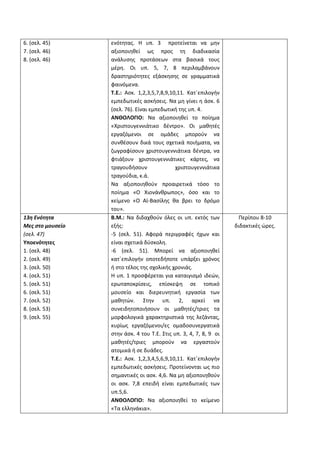 6. (σελ. 45)
7. (σελ. 46)
8. (σελ. 46)
ενότητας. Η υπ. 3 προτείνεται να μην
αξιοποιηθεί ως προς τη διαδικασία
ανάλυσης προτάσεων στα βασικά τους
μέρη. Οι υπ. 5, 7, 8 περιλαμβάνουν
δραστηριότητες εξάσκησης σε γραμματικά
φαινόμενα.
Τ.Ε.: Ασκ. 1,2,3,5,7,8,9,10,11. Κατ΄επιλογήν
εμπεδωτικές ασκήσεις. Να μη γίνει η άσκ. 6
(σελ. 76). Είναι εμπεδωτική της υπ. 4.
ΑΝΘΟΛΟΓΙΟ: Να αξιοποιηθεί το ποίημα
«Χριστουγεννιάτικο δέντρο». Οι μαθητές
εργαζόμενοι σε ομάδες μπορούν να
συνθέσουν δικά τους σχετικά ποιήματα, να
ζωγραφίσουν χριστουγεννιάτικα δέντρα, να
φτιάξουν χριστουγεννιάτικες κάρτες, να
τραγουδήσουν χριστουγεννιάτικα
τραγούδια, κ.ά.
Να αξιοποιηθούν προαιρετικά τόσο το
ποίημα «Ο Χιονάνθρωπος», όσο και το
κείμενο «Ο Αϊ-Βασίλης θα βρει το δρόμο
του».
13η Ενότητα
Μες στο μουσείο
(σελ. 47)
Υποενότητες
1. (σελ. 48)
2. (σελ. 49)
3. (σελ. 50)
4. (σελ. 51)
5. (σελ. 51)
6. (σελ. 51)
7. (σελ. 52)
8. (σελ. 53)
9. (σελ. 55)
Β.Μ.: Να διδαχθούν όλες οι υπ. εκτός των
εξής:
-5 (σελ. 51). Αφορά περιγραφές ήχων και
είναι σχετικά δύσκολη.
-6 (σελ. 51). Μπορεί να αξιοποιηθεί
κατ΄επιλογήν οποτεδήποτε υπάρξει χρόνος
ή στο τέλος της σχολικής χρονιάς.
Η υπ. 1 προσφέρεται για καταιγισμό ιδεών,
ερωταποκρίσεις, επίσκεψη σε τοπικό
μουσείο και διερευνητική εργασία των
μαθητών. Στην υπ. 2, αρκεί να
συνειδητοποιήσουν οι μαθητές/τριες τα
μορφολογικά χαρακτηριστικά της λεζάντας,
κυρίως εργαζόμενοι/ες ομαδοσυνεργατικά
στην άσκ. 4 του Τ.Ε. Στις υπ. 3, 4, 7, 8, 9 οι
μαθητές/τριες μπορούν να εργαστούν
ατομικά ή σε δυάδες.
Τ.Ε.: Ασκ. 1,2,3,4,5,6,9,10,11. Κατ΄επιλογήν
εμπεδωτικές ασκήσεις. Προτείνονται ως πιο
σημαντικές οι ασκ. 4,6. Να μη αξιοποιηθούν
οι ασκ. 7,8 επειδή είναι εμπεδωτικές των
υπ.5,6.
ΑΝΘΟΛΟΓΙΟ: Να αξιοποιηθεί το κείμενο
«Τα ελληνάκια».
Περίπου 8-10
διδακτικές ώρες.
 