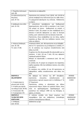 2. Παιχνίδια πολιτισμού
(σελ. 28)
Προτείνεται να αφαιρεθεί.
3.Η πολιτιστική ζωή της
Θες/νίκης
(σελ. 29- 31)
Προτείνεται στις ενότητες 2 και 3 (Β.Μ., σελ. 28-29) να
γίνεται αναφορά στην πολιτιστική ζωή του κάθε τόπου.
Τα γραμματικά φαινόμενα της ενότητας διδάσκονται
ως έχουν.
4. Διαδρομές στην πόλη
(σελ. 33- 35)
Η υποενότητα προσφέρεται για διαθεματικές
δραστηριότητες. Από το Β.Μ. οι ασκήσεις 1 και 2 (σελ.
33) μπορεί να γίνουν διαθεματικά ως prοject, η
άσκηση 4 (σελ. 35) μπορεί να γίνει προφορικά και η
άσκηση 6 (σελ.35) αφαιρείται ως προς το δεύτερο
σκέλος, γιατί καλύπτεται από την άσκηση 3 (σελ.34).
Προτείνεται, όπως αναφέρθηκε και πιο πάνω, σχέδιο
εργασίας με θέμα «Με ένα ποδήλατο παντού, στην
πόλη και αλλού».
5. Υπόγειες διαδρομές
(σελ. 36- 39)
Τ.Ε. (σελ. 17-28)
Η άσκηση 4 (Β.Μ., σελ. 38) προτείνεται να μη διδαχθεί.
Από το Τ.Ε. προτείνεται να μη διδαχτούν οι σελίδες 17-
21. Οι ασκήσεις των κειμένων επικαλύπτονται από
άλλες του Β.Μ.
Ο χρόνος που θα εξοικονομηθεί θα αξιοποιηθεί για τις
ασκήσεις 4 (σελ. 22) και 7 (σελ. 25) που αφορούν
παραγωγή γραπτού λόγου.
Μπορεί να αξιοποιηθεί η κατασκευή (σελ. 23) στα
εικαστικά.
Οι σελίδες 26, 27 μπορεί να ενταχτούν στο παραπάνω
σχέδιο εργασίας «Με ένα ποδήλατο παντού, στην πόλη
και αλλού».
Οι ασκήσεις στις σελίδες 24 και 28 προτείνεται να
αφαιρεθούν, καθώς επικαλύπτονται από άλλες του
Β.Μ.
ΕΝΟΤΗΤΑ 3
28η ΟΚΤΩΒΡΙΟΥ
1. Η πορεία προς το
μέτωπο (σελ. 42-43)
2. Η Ιταλία μας κήρυξε
τον πόλεμο! (σελ. 44-45)
3. Η πείνα (σελ. 46)
4. Η κατοχή (σελ. 47)
Με αφορμή την επέτειο της 28ης
Οκτωβρίου,
προτείνεται στους/στις εκπαιδευτικούς να
αξιοποιήσουν σχετικά κείμενα από το Ανθολόγιο Ε’ &
ΣΤ‘ δημοτικού.
Προτείνεται, επίσης, η αξιοποίηση και άλλων
σημειωτικών πόρων, πέραν του γραπτού λόγου, όπως
είναι τα σχεδιαγράμματα (σχεδιάγραμμα των
γεγονότων του πολέμου 1940 και της Κατοχής), οι
χάρτες, οι πίνακες.
ΧΡΟΝΟΣ
ΔΙΔΑΣΚΑΛΙΑΣ
2 ΩΡΕΣ
ΕΝΟΤΗΤΑ 4
ΤΑ ΖΩΑ ΠΟΥ ΖΟΥΝ
ΚΟΝΤΑ ΜΑΣ
Η ενότητα εστιάζει στη δομή κειμένων που
περιγράφουν ζώα και ανθρώπους (επανάληψη
γνώσεων προηγούμενων τάξεων).
ΧΡΟΝΟΣ
ΔΙΔΑΣΚΑΛΙΑΣ
8-10 ΩΡΕΣ
1. Ο Μάγκας
(σελ. 50-52)
Διδάσκεται ως έχει
 