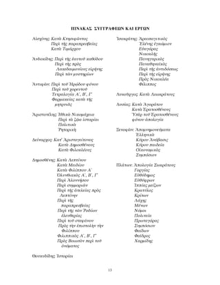 ΠΙΝΑΚΑΣ ΣΥΓΓΡΑΦΕΩΝ ΚΑΙ ΕΡΓΩΝ
Αἰσχίνης: Κατὰ Κτησιφῶντος
Περὶ τῆς παραπρεσβείας
Κατὰ Τιμάρχου
Ἀνδοκίδης: Περὶ τῆς ἑαυτοῦ καθόδου
Περὶ τῆς πρὸς
Λακεδαιμονίους εἰρήνης
Περὶ τῶν μυστηρίων
Ἀντιφῶν: Περὶ τοῦ Ἡρῴδου φόνου
Περὶ τοῦ χορευτοῦ
Τετραλογία Α΄, Β΄, Γ΄
Φαρμακείας κατὰ τῆς
μητρυιᾶς
Ἀριστοτέλης: Ἠθικὰ Νικομάχεια
Περὶ τὰ ζῷα ἱστορίαι
Πολιτικὰ
Ῥητορικὴ
∆είναρχος: Κατ’ Ἀριστογείτονος
Κατὰ ∆ημοσθένους
Κατὰ Φιλοκλέους
∆ημοσθένης: Κατὰ Λεπτίνου
Κατὰ Μειδίου
Κατὰ Φιλίππου Α΄
Ὀλυνθιακὸς Α΄, Β΄, Γ΄
Περὶ Ἁλοννήσου
Περὶ συμμοριῶν
Περὶ τῆς ἀτελείας πρὸς
Λεπτίνην
Περὶ τῆς
παραπρεσβείας
Περὶ τῆς τῶν Ῥοδίων
ἐλευθερίας
Περὶ τοῦ στεφάνου
Πρὸς τὴν ἐπιστολὴν τὴν
Φιλίππου
Φιλιππικὸς Α΄, Β΄, Γ΄
Πρὸς Βοιωτὸν περὶ τοῦ
ὀνόματος
Θουκυδίδης: Ἱστορίαι
Ἰσοκράτης: Ἀρεοπαγιτικὸς
Ἑλένης ἐγκώμιον
Εὐαγόρας
Νικοκλῆς
Πανηγυρικὸς
Παναθηναϊκὸς
Περὶ τῆς ἀντιδόσεως
Περὶ τῆς εἰρήνης
Πρὸς Νικοκλέα
Φίλιππος
Λυκοῦργος: Κατὰ Λεωκράτους
Λυσίας: Κατὰ Ἀγοράτου
Κατὰ Ἐρατοσθένους
Ὑπὲρ τοῦ Ἐρατοσθένους
φόνου ἀπολογία
Ξενοφῶν: Ἀπομνημονεύματα
Ἑλληνικὰ
Κύρου Ἀνάβασις
Κύρου παιδεία
Οἰκονομικὸς
Συμπόσιον
Πλάτων: Ἀπολογία Σωκράτους
Γοργίας
Εὐθύδημος
Εὐθύφρων
Ἱππίας μείζων
Κρατύλος
Κρίτων
Λάχης
Μένων
Νόμοι
Πολιτεία
Πρωταγόρας
Συμπόσιον
Φαίδων
Φαῖδρος
Χαρμίδης
13
 
